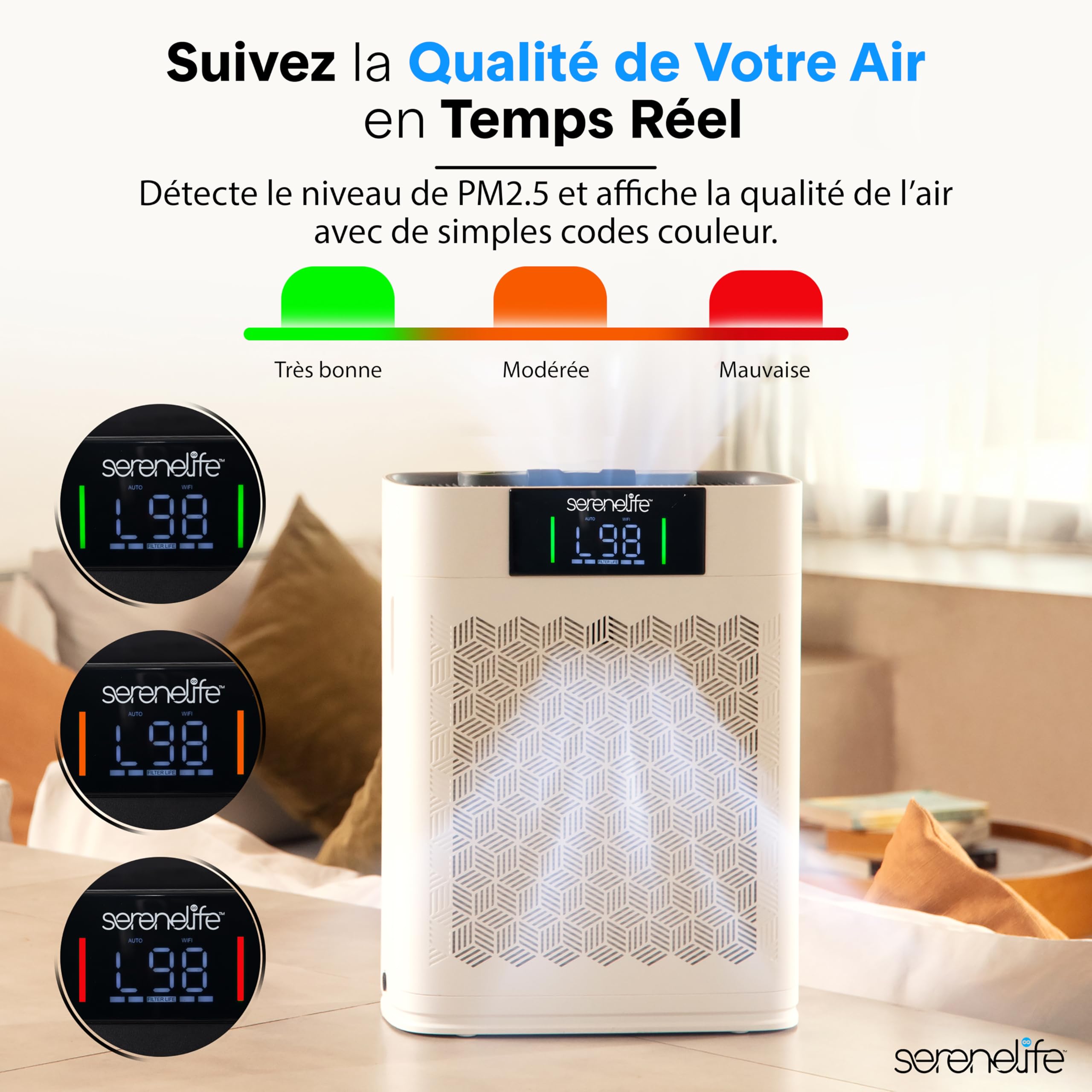 Serenelife Purificateur d’Air HEPA Intelligent – Jusqu’à 170 m², WiFi et App, Ultra Silencieux, Élimine poussière, poils d’animaux et odeurs, idéal pour allergies, Pour Maison, Bureau - Blanc