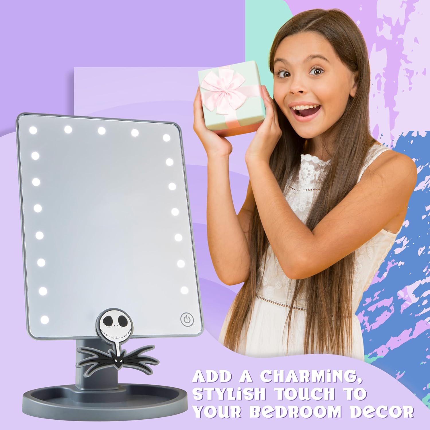 Disney The Nightmare Before Christmas LED Table Mirror for Girls, Teens, Women with Trinket Tray, Bedroom Decor, Gifts for Women (Grey)