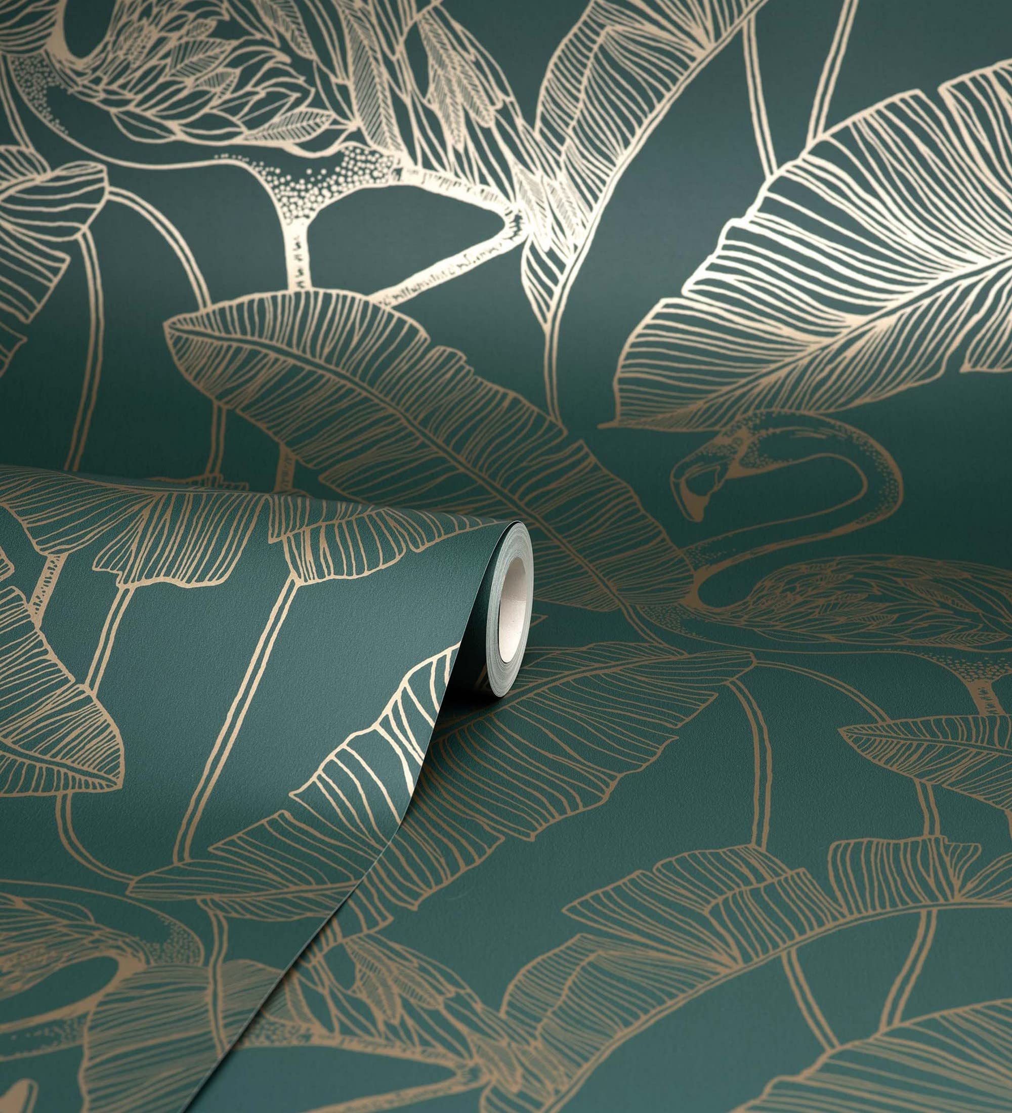 GAULAN 681301 - Papel pintado lavable hojas tropicales y flamencos estilo art déco para pared salón dormitorio pasillo comedor - Rollo de 10 m x 0,53 m