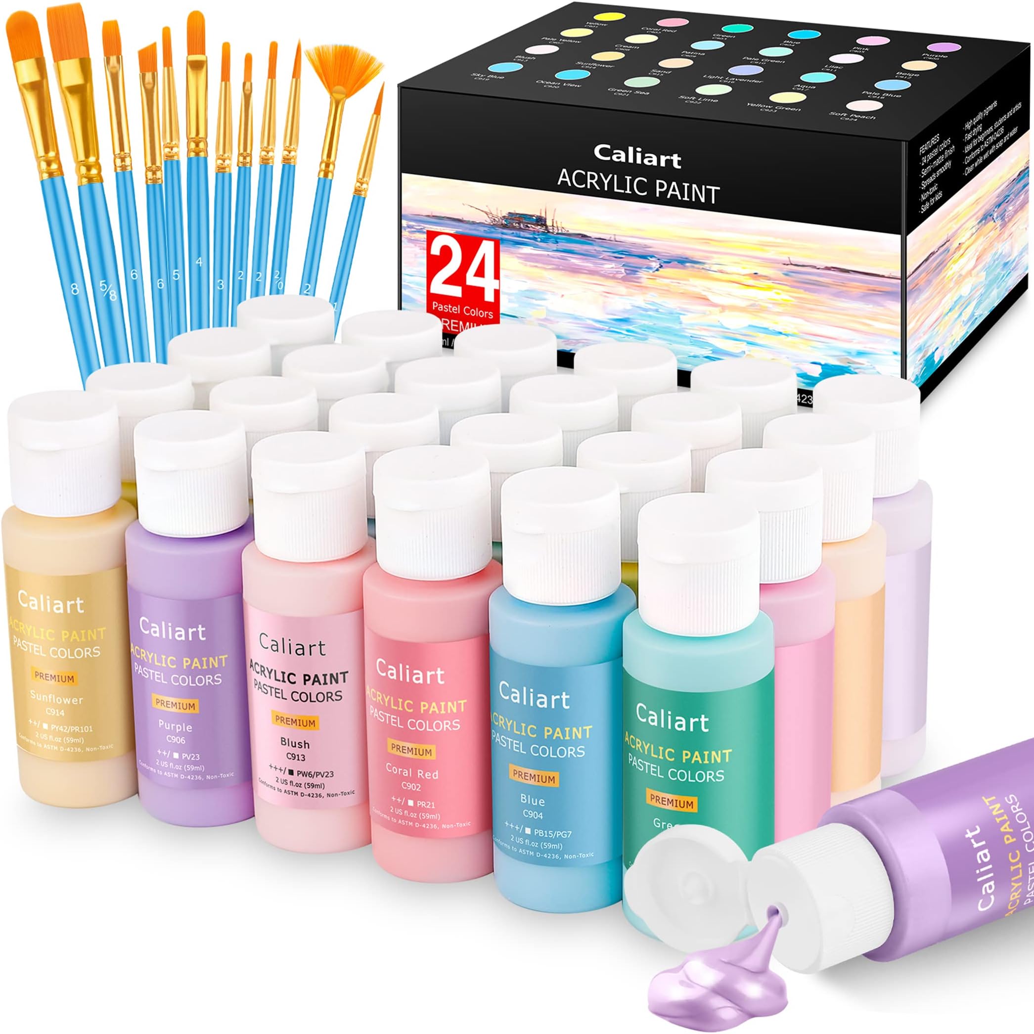 Caliart Pastel Acrylic Paint Set with 12 Brushes, 24 Pastel Colors (59ml, 2oz...