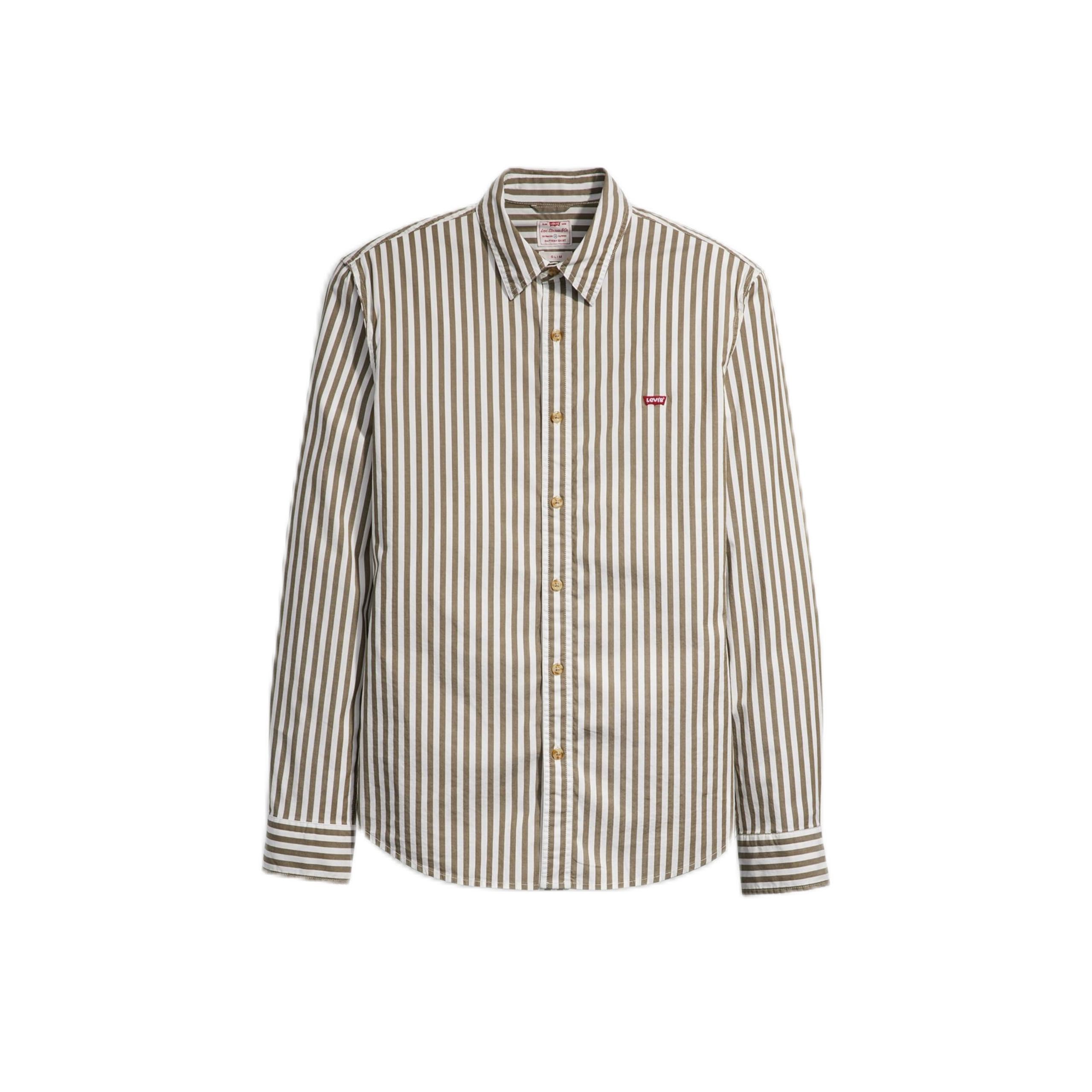 Levi's Men's Long-Sleeved Battery Housemark Slim Shirt, Dean Stripe Burnt Olive, XS