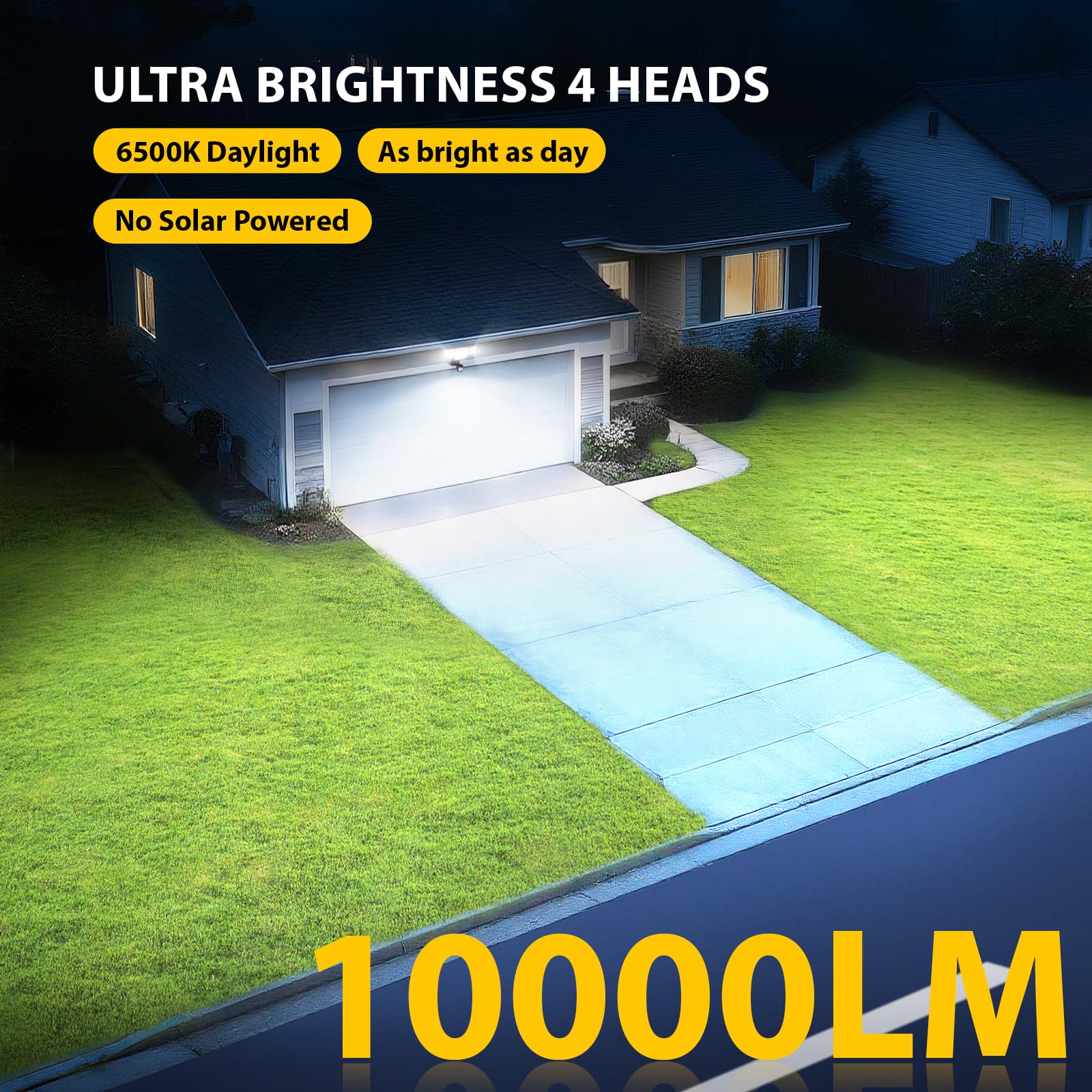 Lampes de sécurité à LED 90 W 10 000 lm avec détecteur de mouvement 4 têtes du crépuscule à l'aube, projecteurs de lumière du jour 6500 K, détecteur de mouvement pour