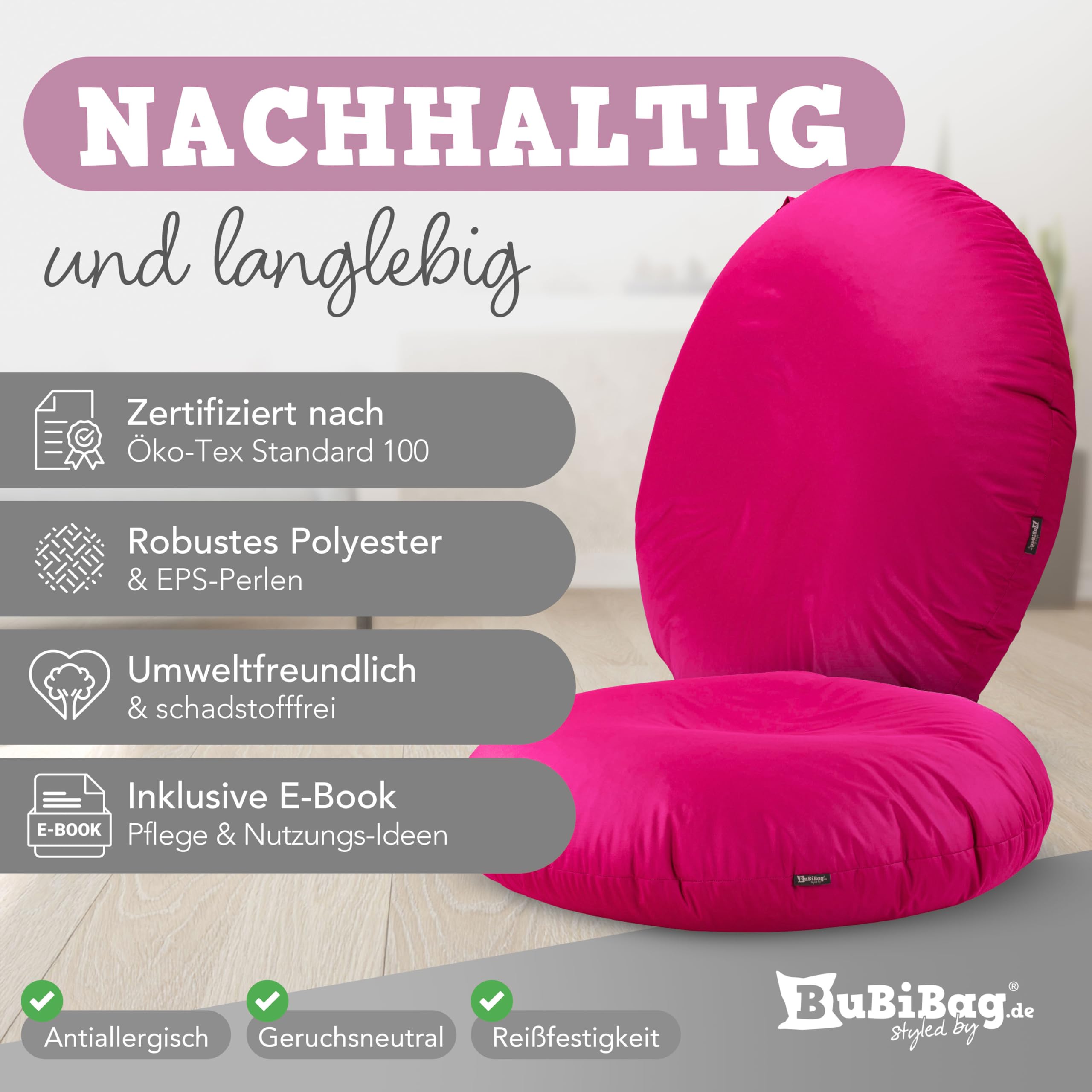 BuBiBag 2in1 Sitzsack für Kinder & Erwachsene - Farbe: Beere Ø 70cm - Indoor & Outdoor - Bodenkissen & Sessel - mit EPS-Perlen - ergonomisch & wasserabweisend