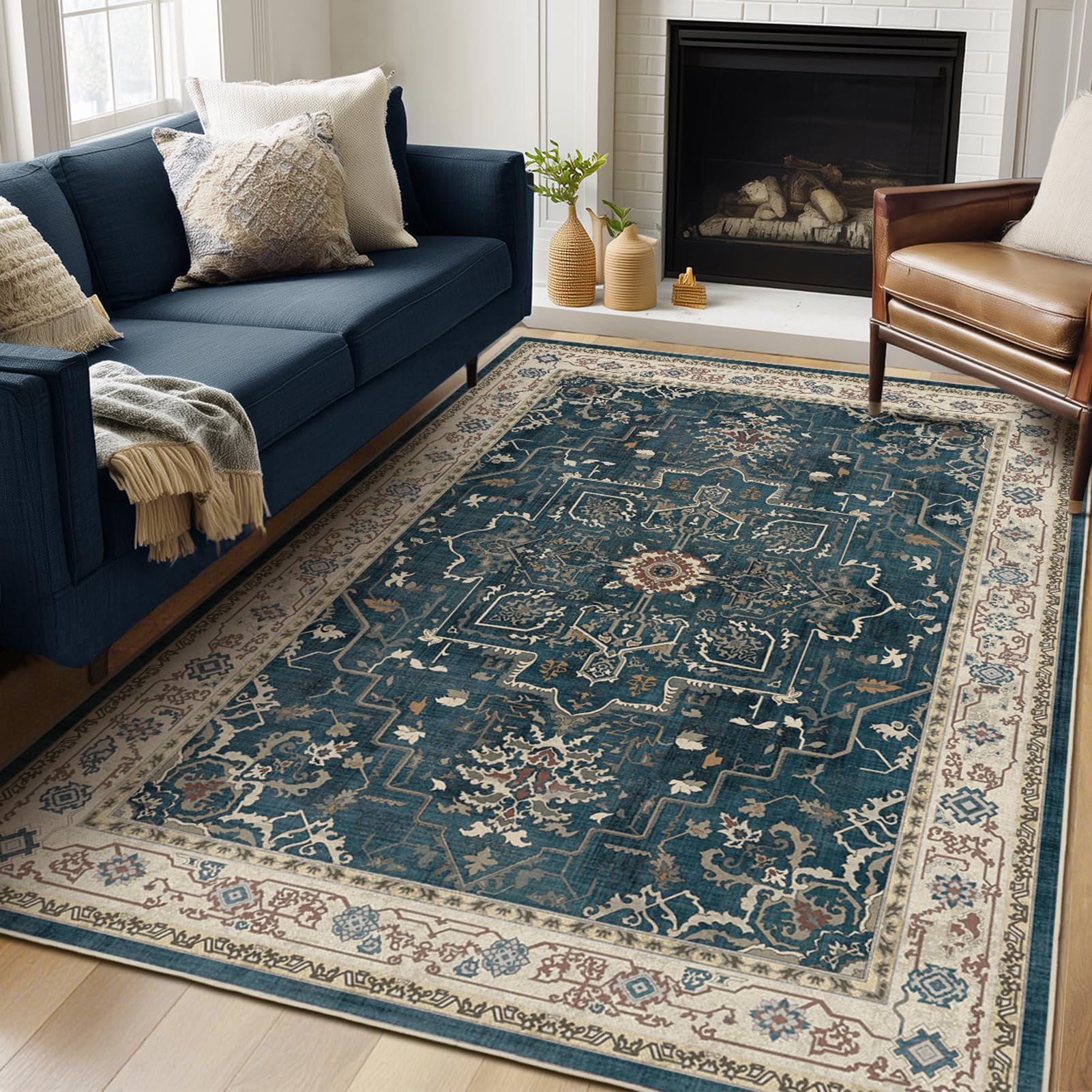Jainmy Distressed Vintage 5x7 Area Rugs for Living Room Bedroom Non Slip Washable, Medallion Pattern Printed Low Pile Farmhouse Carpet Rugs for Dining