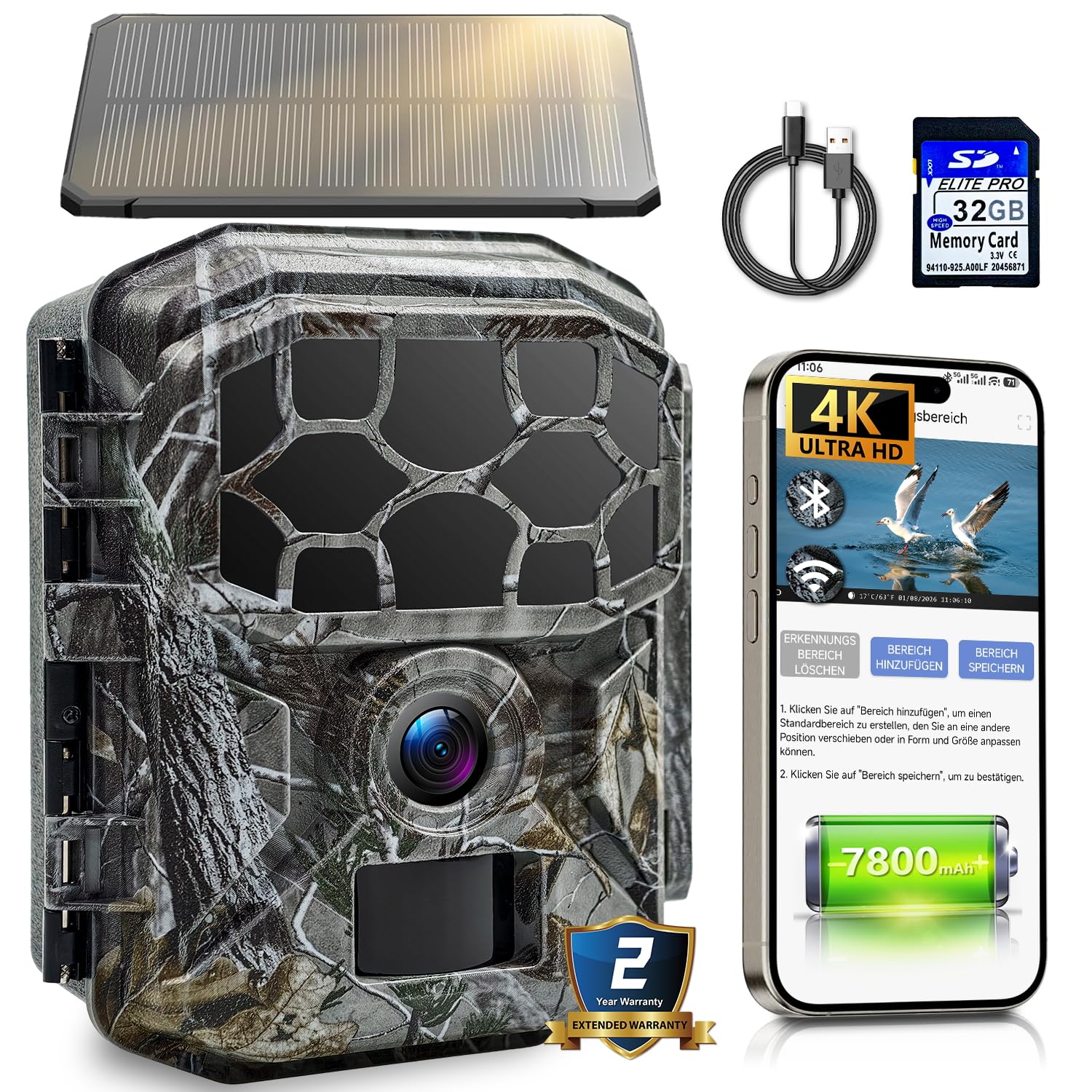 Wildkamera Solar WLAN mit Handyübertragung App 7800mAh Akku - 4K 60MP Wildtierkamera Bluetooth mit Bewegungsmelder Nachtsicht, 32GB SD-Karte, Nachtsichtkamera 0,1s Auslösezeit, IP66 Wasserdicht