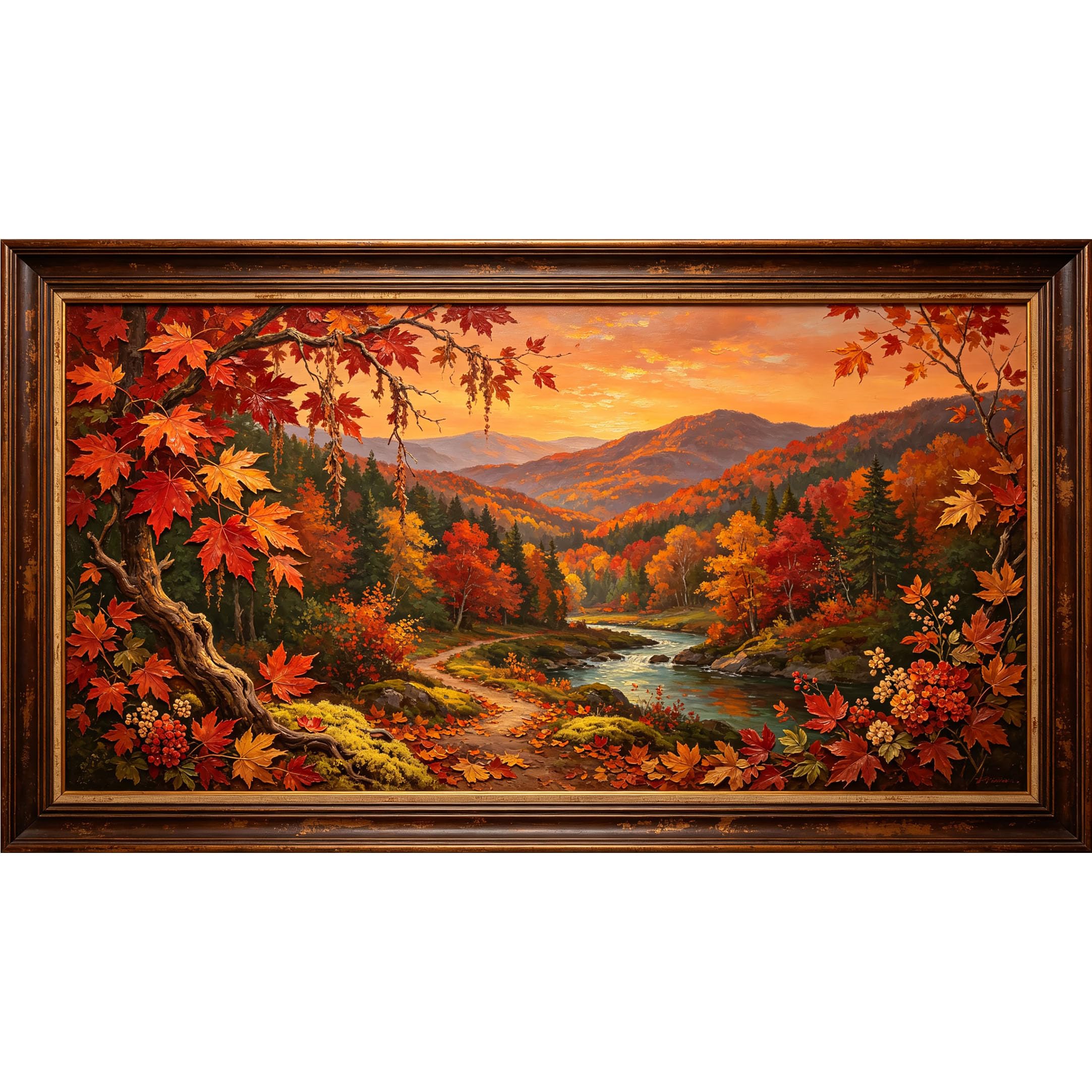 QZLITHOTIC 50x90cm3D Framed Wall Art， Autumn Mountain Landscape River Path Self‑Adhesive Mural， Water‑Activated Peel & Stick Fabric Decor Wall Decal for Bedroom Living Room