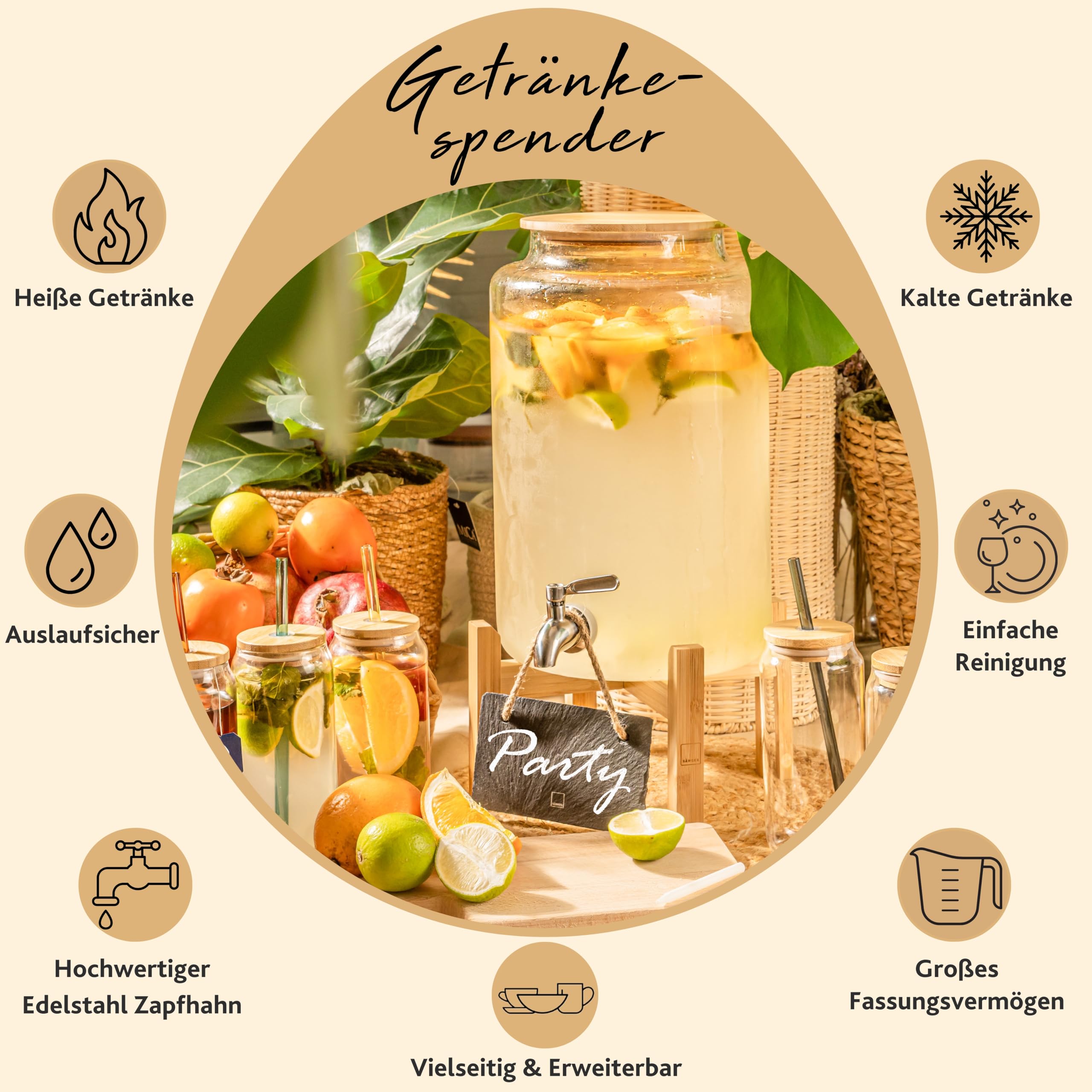 Sänger Juego de cuencos con pajitas de cristal y vasos, recipiente con tapa de madera, dispensador de bebidas con grifo, incluye 6 vasos, dispensador de bebidas para vino caliente y bote, recipiente