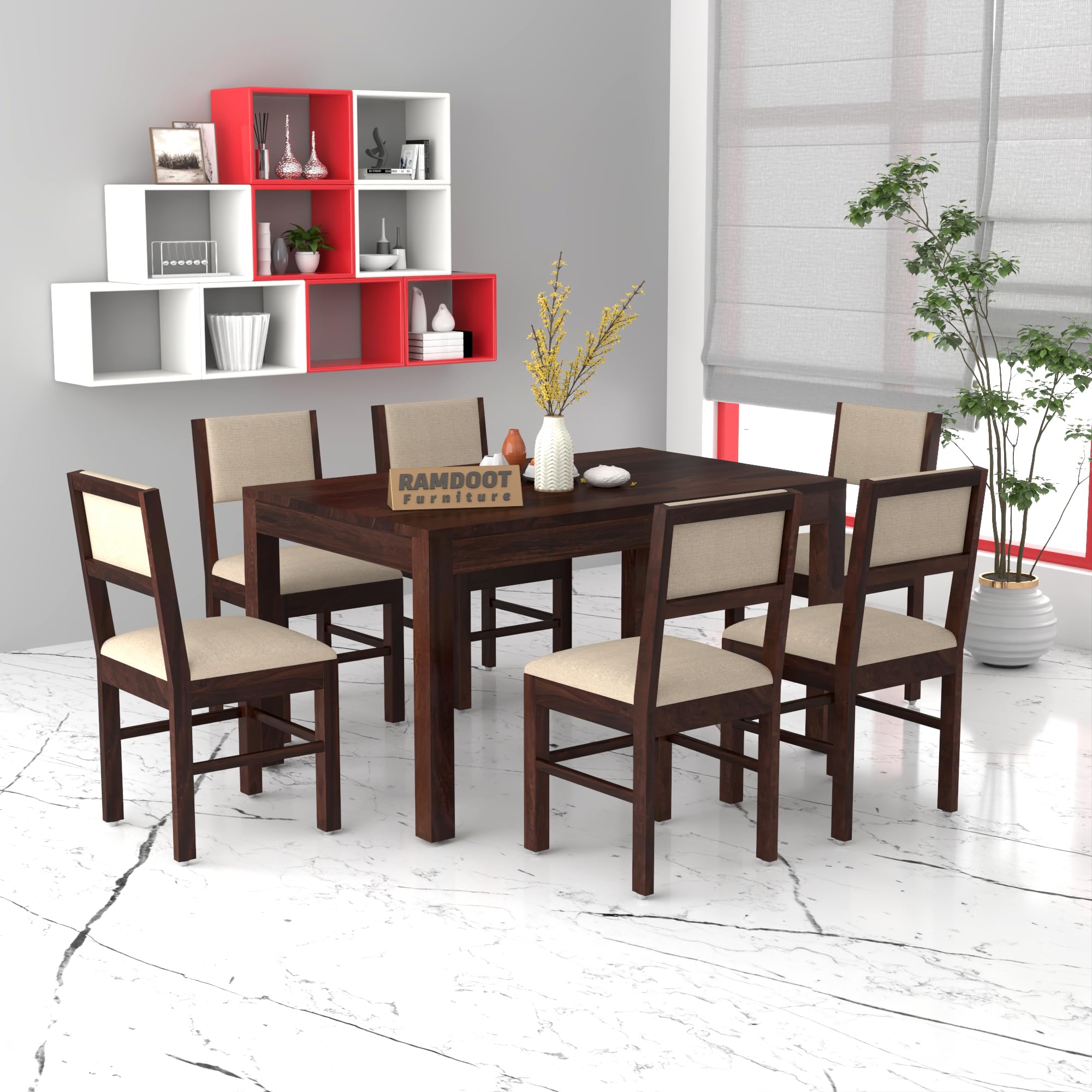 Solid Sheesham Wood 6 Seater Dining Table Set | Six Seater Dinner Table with 6 Cushions Chairs | Dinning Table Set 6 Seater for Living Room | Wooden Table & Chair Set | Walnut Finish