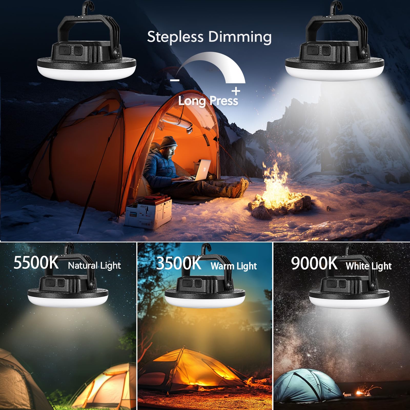 VAVOFO - Linterna LED de 4000 lm, 15.000 mAh, recargable, 3 modos de iluminación, 180 LED, luz portátil de tienda con imán, luz colgante impermeable IP65 para emergencias, cortes de energía, huracán
