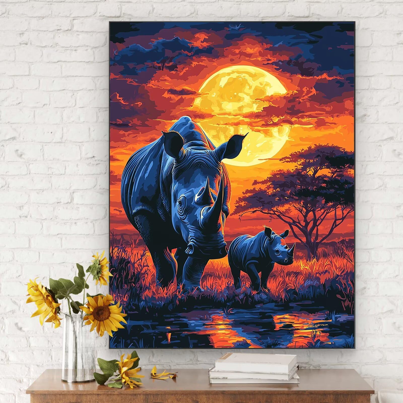 Nosorożce Malarstwo Numery dla dorosłych, DIY Zwierzęta Malarstwo Numery Dorosłych 90x120cm, Pędzle i Akryle, Zestawy do kolorowania według numerów dla dorosłych początkujących, dekoracje ścienne