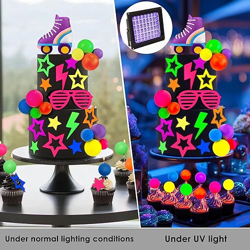 Miniatura 3 de Juego de 28 adornos para tartas de bolas brillantes de los años 80 y 90 con patines de estrellas, gafas y decoración de relámpagos, adornos retro