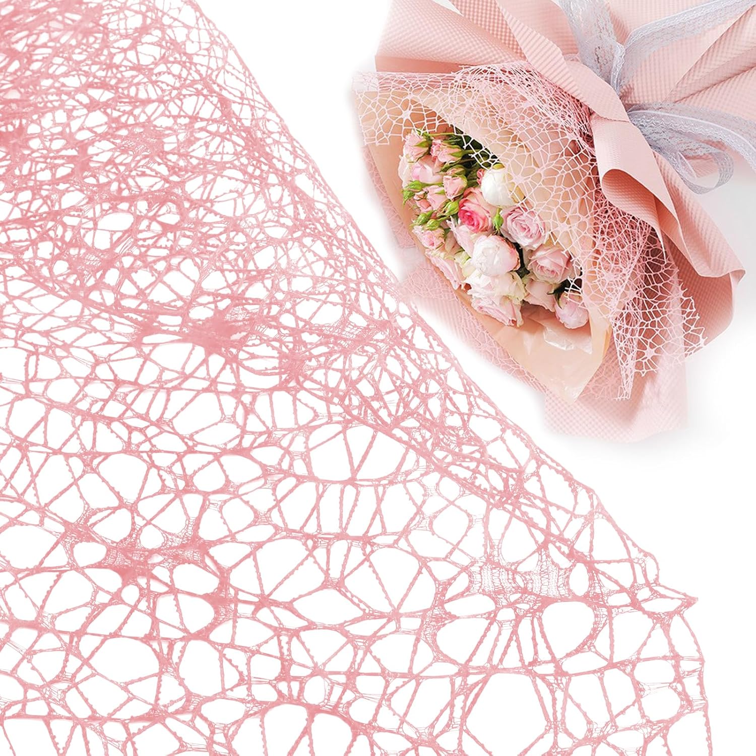 Luomorgo 1 Pack Jacquard Net Mesh Floral Wrapping Paper - 19.6 Inch x 5 Yards Openwork Design for Flower Bouquets, Gift Packaging & DIY Crafts, White