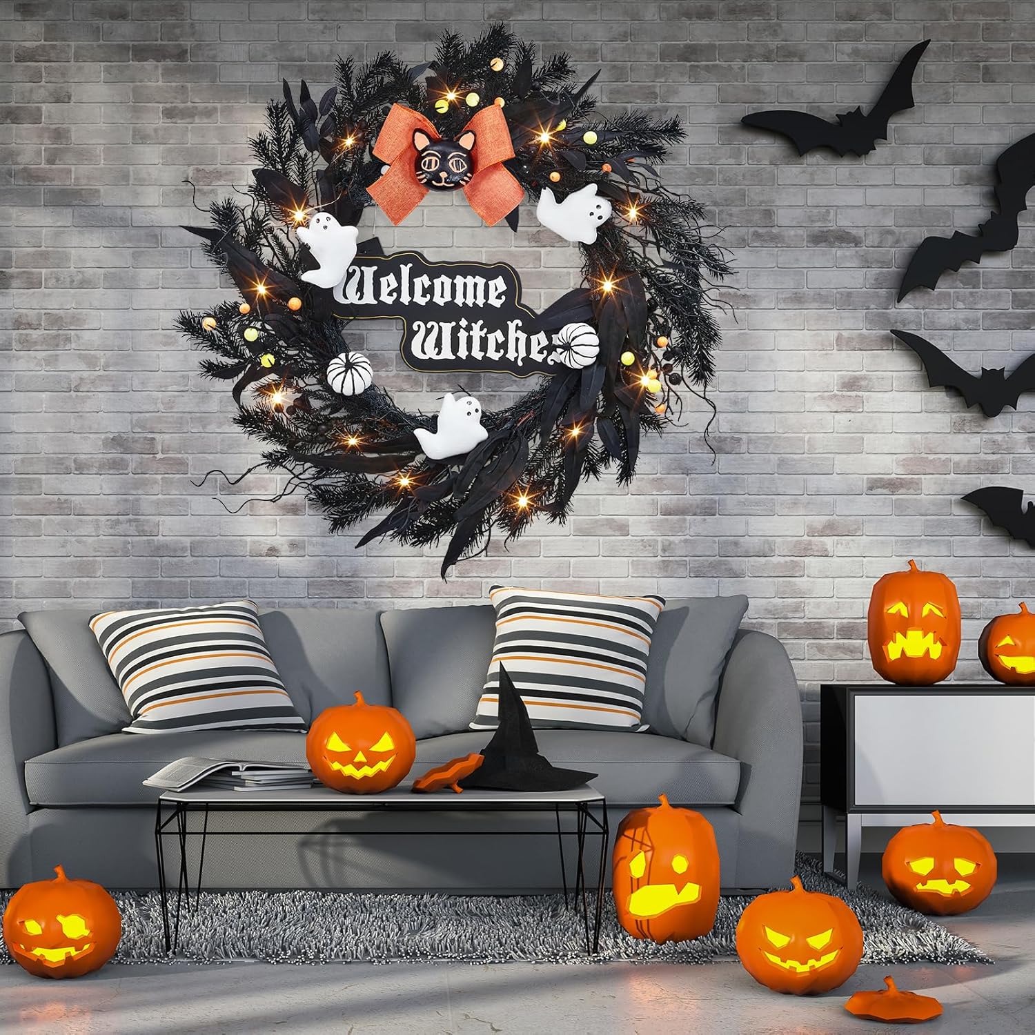 22" Halloween Wreath with 20 Lights for Front Door, Black Orange White Artificial Pumpkin Wreath for Fall and Halloween Indoor Outdoor Home Party Decor