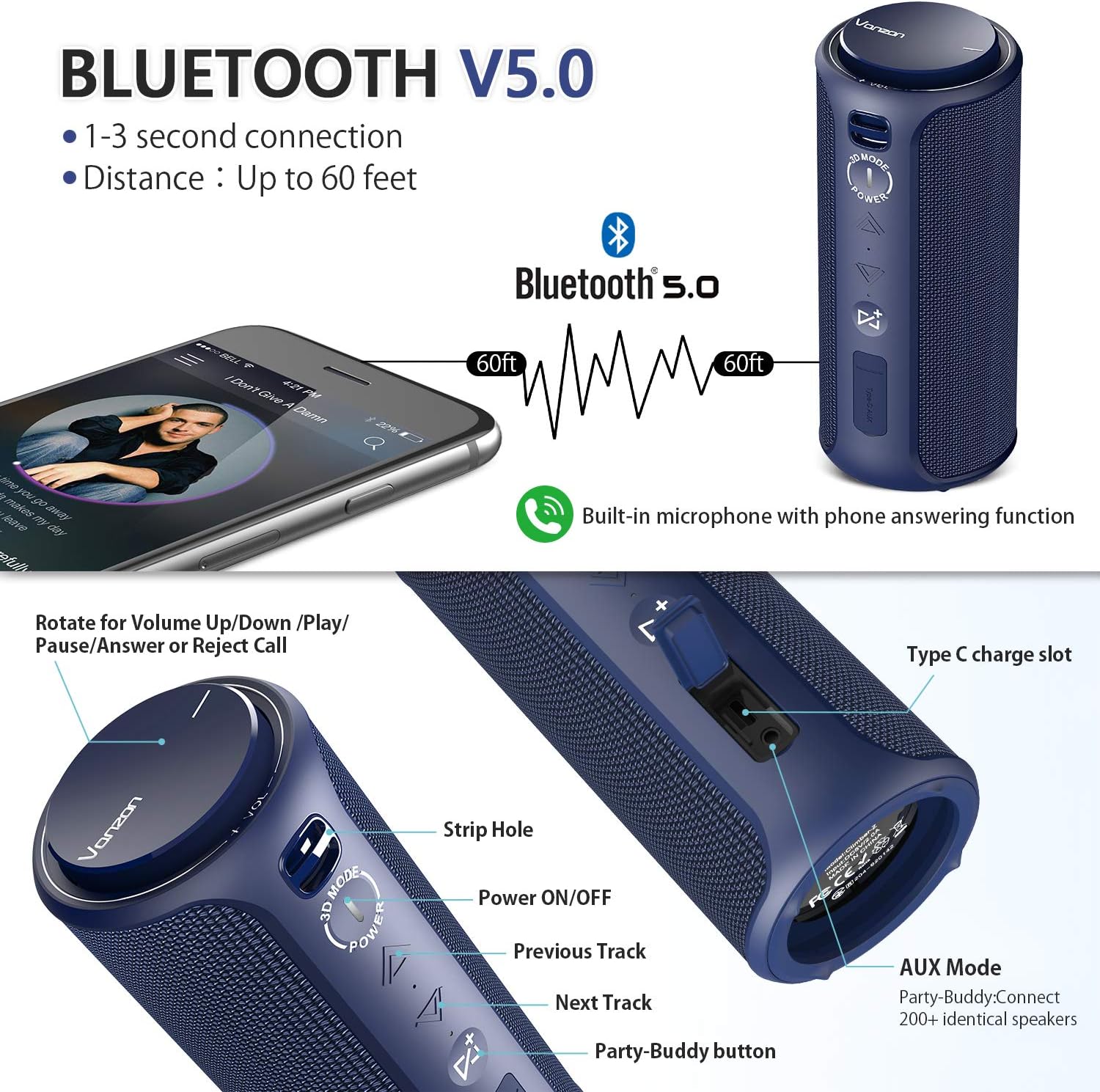 Vanzon Climber-Z Bluetooth Speaker control diagram
