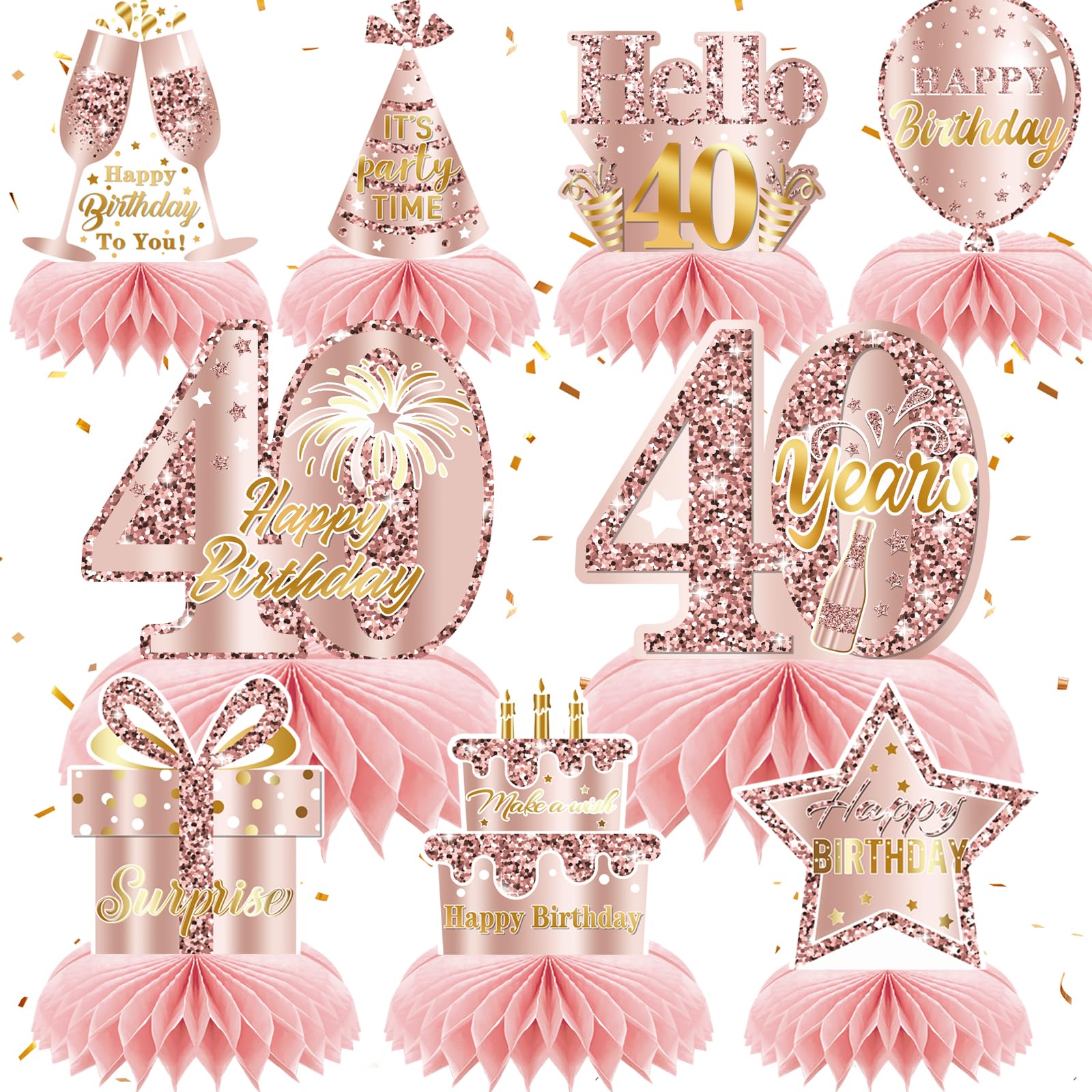 40th Birthday Honeycomb Centrepieces, 9Pcs Honeycomb Centerpieces Decorations, Rose Pink Birthday Table Decorations for Men Women Elegant Party Table Toppers Supplies