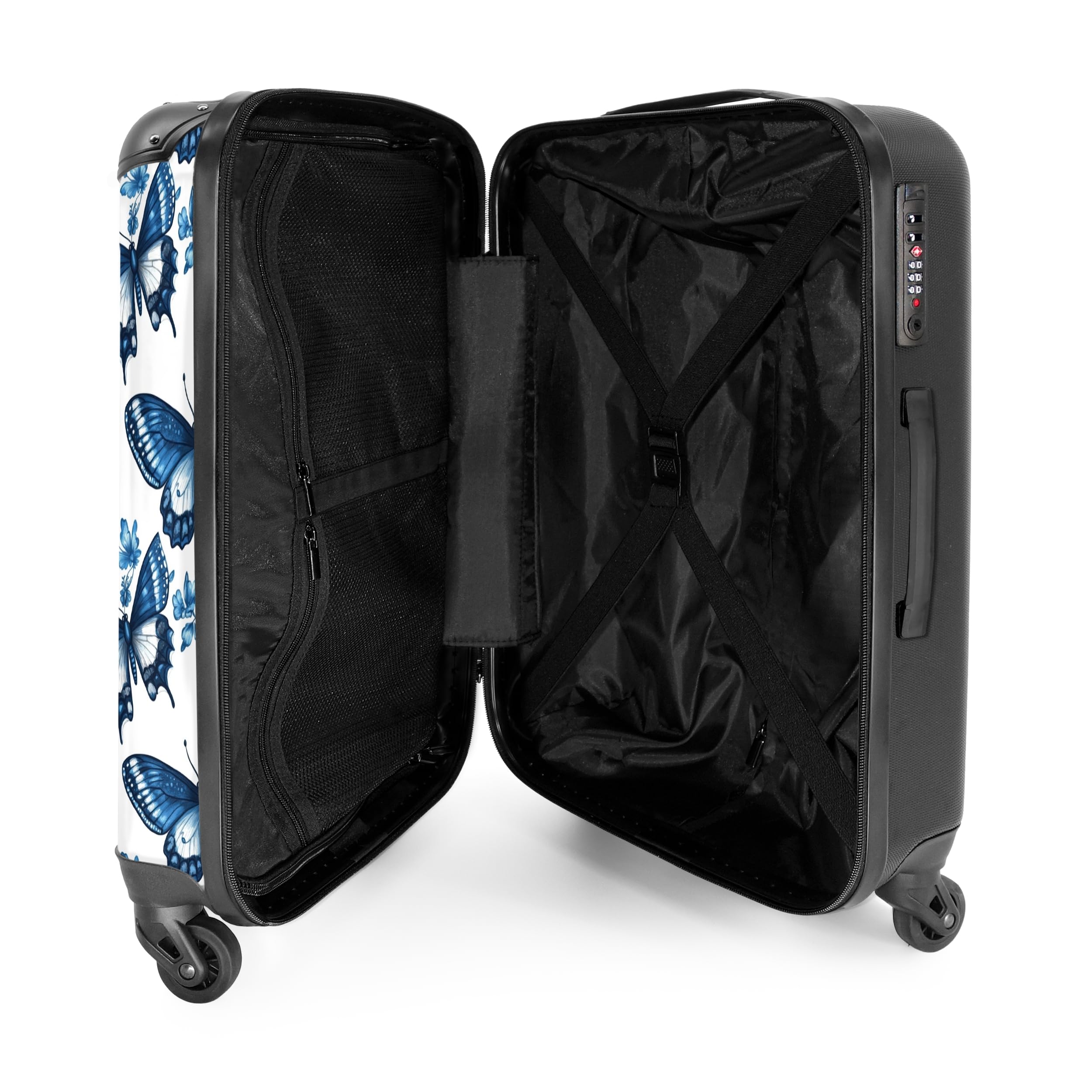 NoBoringSuitcases.com® Koffer Mittelgroß 67x43x25 cm Hartschalenkoffer L Trolley Rollkoffer 4 Rollen Leicht Hartschale Mittel Groß Blau - Schmetterlinge - Blumen - Weiß