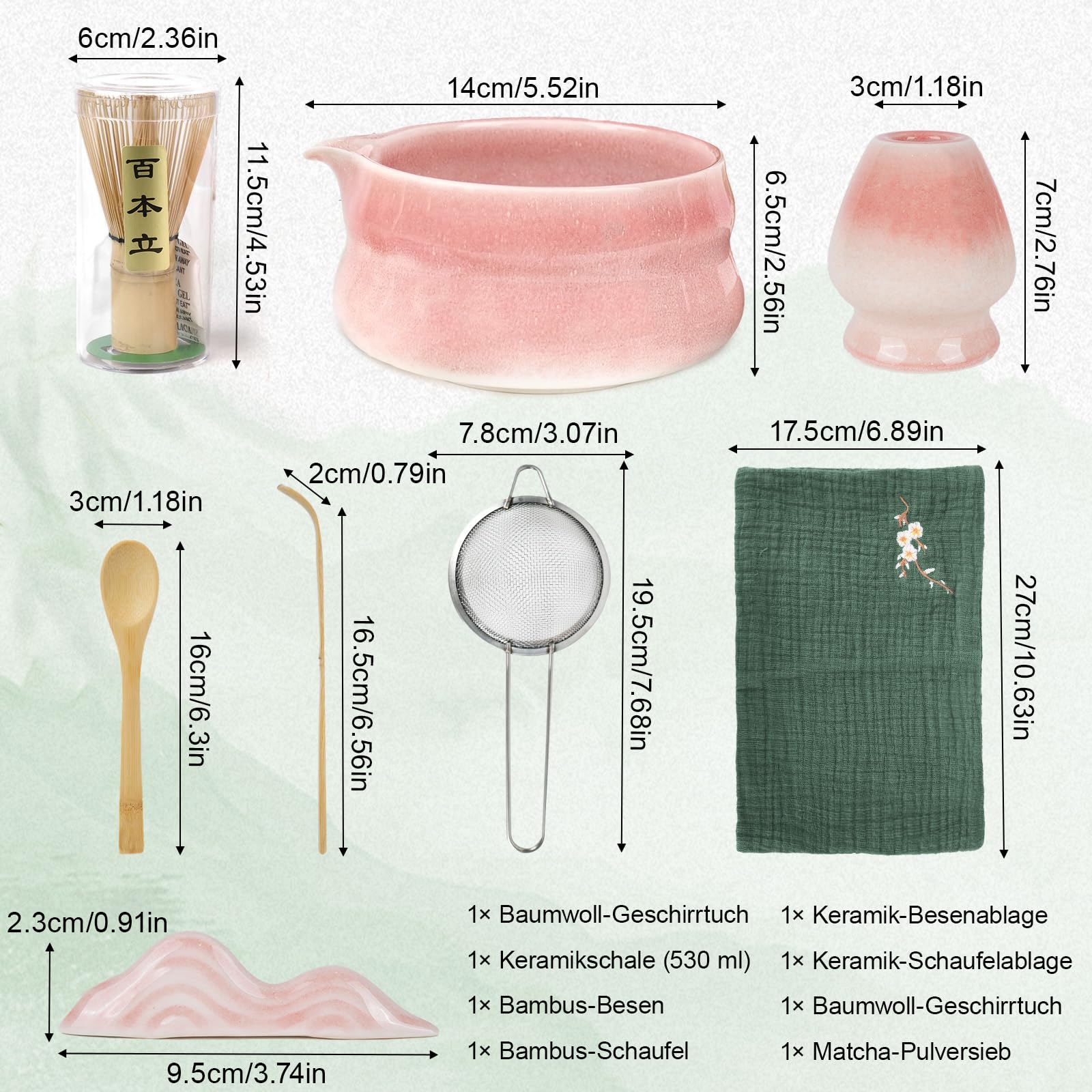 Voarge Zestaw 8 sztuk do matchy, ceramiczna miska (Chawan) z dzióbkiem i miotłą bambusową, japoński zestaw do matchy dla miłośników matchy, gradient różowy