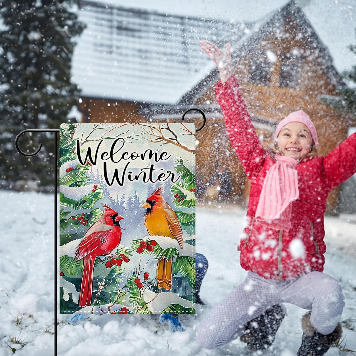 Dyrenson Welcome Winter Cardinal Decorative Garden Flag, Snowy Red Birds Pine Tree Forest Berry Yard Outside Home Decoration, Christmas Seasonal Berry Burlap Outdoor Small Decor Double Sided 12 x 18 - Image 6