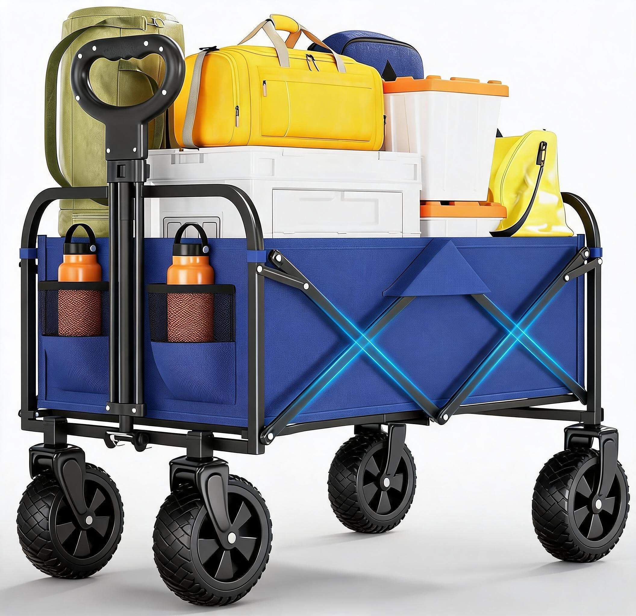 Festival Trolley on Wheels, 220L/172kg Folding Collapsible Wagon Trolley, Portable Camping Cart with 360° All-Terrain Wheels and Adjustable Handle for Garden Trolley, Shopping Trolley- Blue