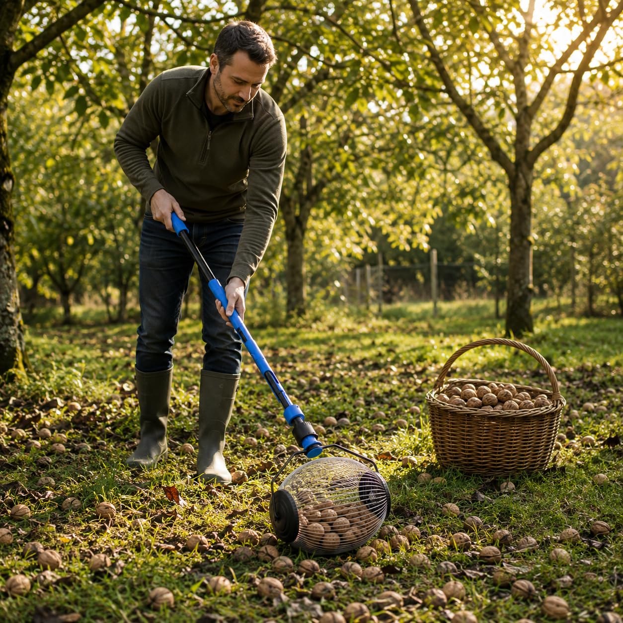 Ramasse Noix avec Manche Mécanique - Outil Cueillettes Jardin & Forêt – Ramasse Noisette et Ramasse Pomme - Cueilleur Inoxydable 1m, Léger, Anti-Douleur Dos, Facile à Utiliser