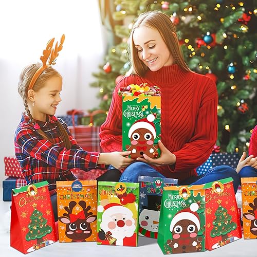 Miniatura 6 de FEBSNOW Paquete de 40 bolsas de regalos de Navidad con calcomanías, dulces, galletas y papel de manualidades para recuerdos de fiesta de Navidad
