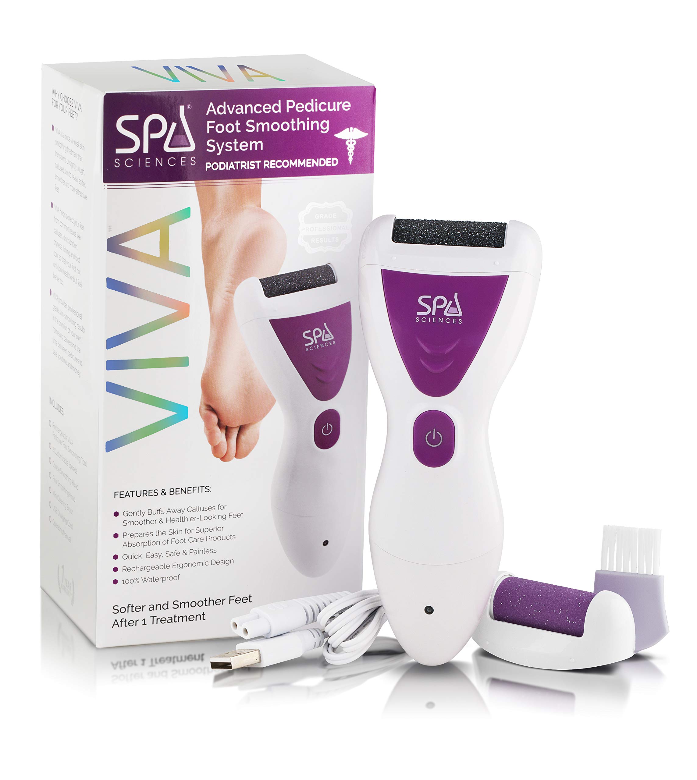 VIVA Most Powerful Pedicure Tool Available-Professional Electronic Foot Smoothing Pedi Tool for Removing Hard, Dry, ed Skin/Calluses on Feet, Rechargeable-2 Treatment Heads Included