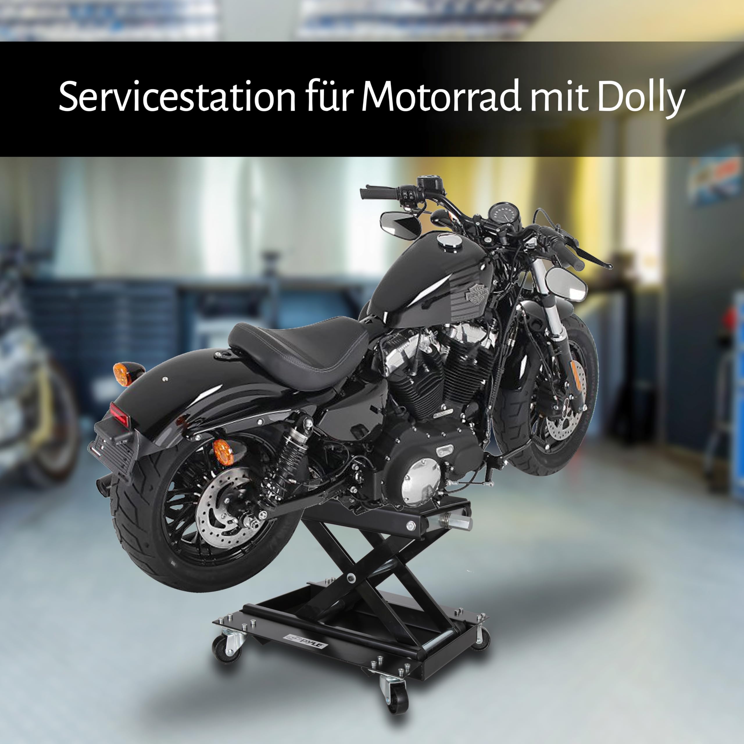 Pyle Motorrad Hebebühne, Motorrad Ständer bis 500Kg Belastbar, Motorradheber Höhenverstellbar 76-406mm, Scherenheber mit Dolly, Hubtisch für Reparatur von Fahrräder, Reifen-& Motorstütze