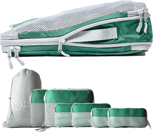 TRAVEL DUDE Compression Packing Cubes for Travel Made from Plastic Bottles | Bag Organiser for Backpacking, Suitcases & Bags | Travel Organiser for Clothes & Shoes (Olive Green, 7 Pieces)