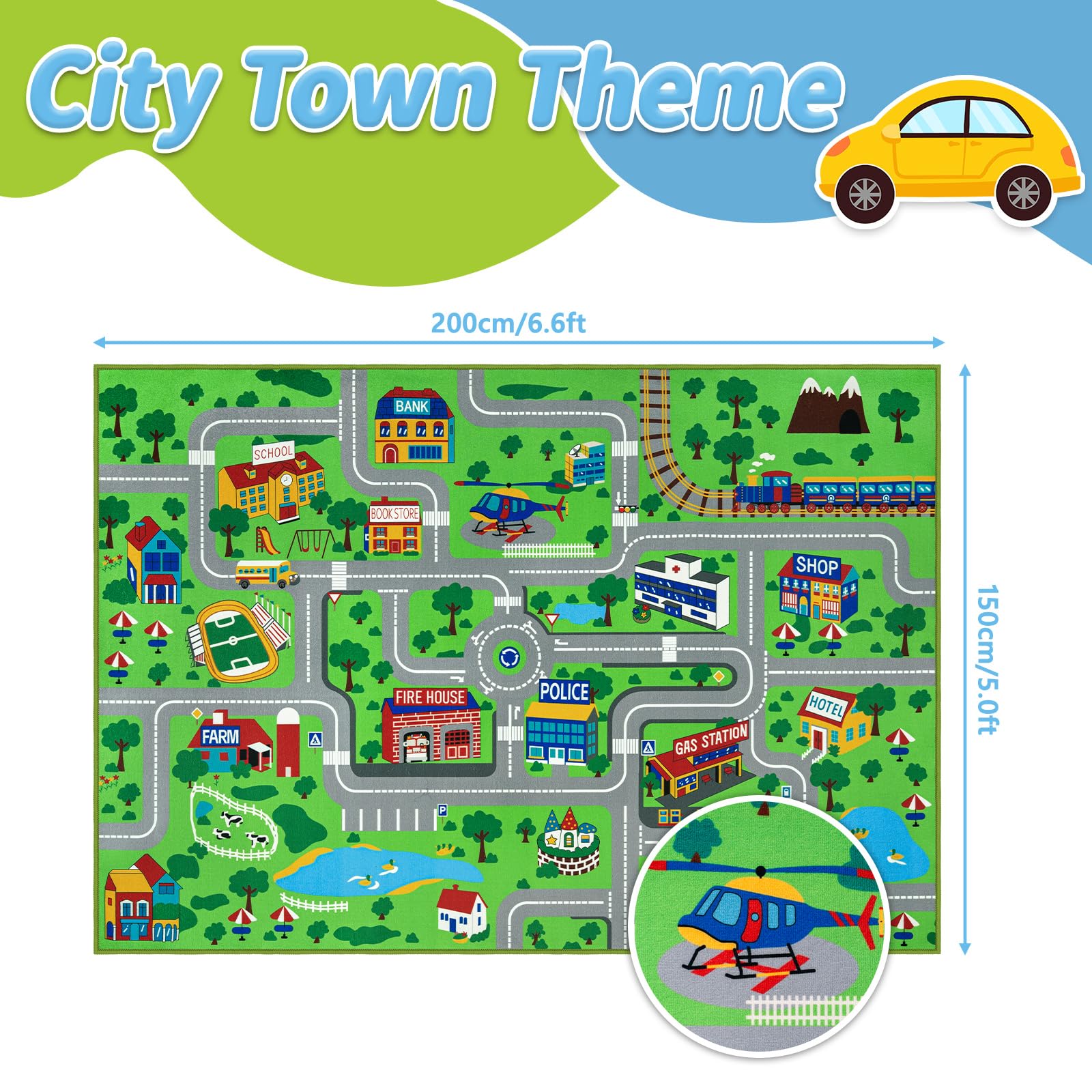 Capslpad Kinderteppich 150x200cm rutschfest Stadtplan Spielteppich Pädagogischer Spielteppich Maschinenwaschbar Kurzer Flor Autoteppich Kinder für Kinderzimmer Schlafzimmer Spielzimme Grün