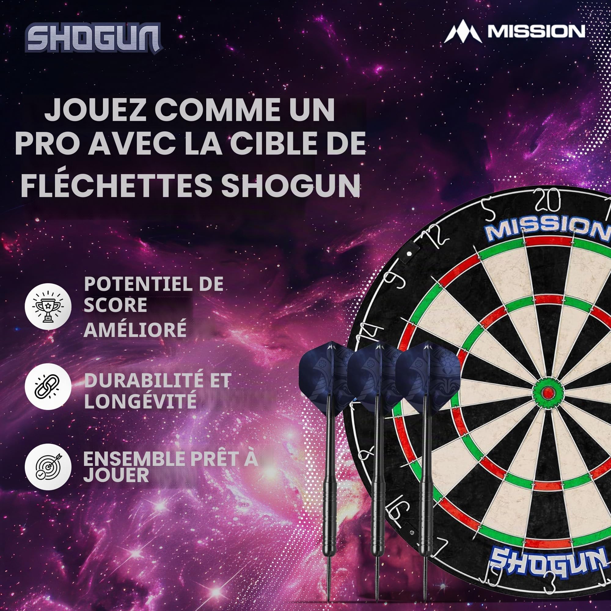 Mission Darts Jeu de fléchettes Shogun | Endurance Jeu de fléchettes rond en sisal avec 2 jeux de fléchettes à pointe en acier