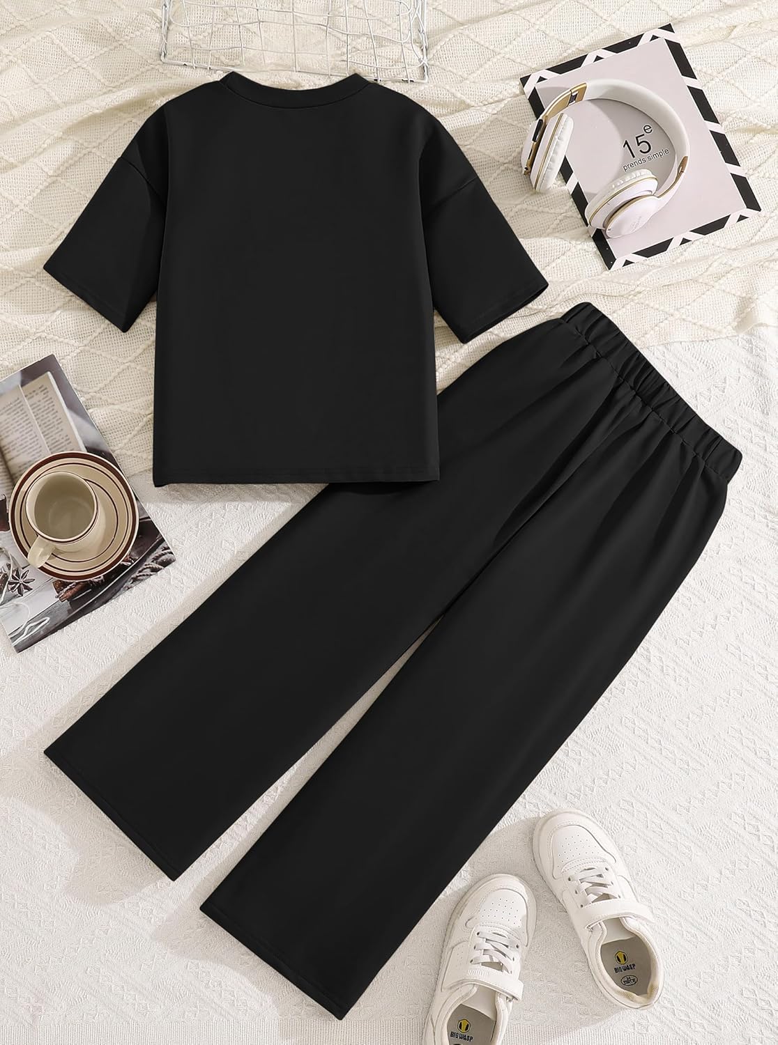 Girls 2 Piece Outfits Fashion Tracksuits 3/4 Sleeve Sweatshirts and Loose Casual Pants with Pockets Sets 11-12 Years Black image 2 of 4 B0FPF7Z4KT