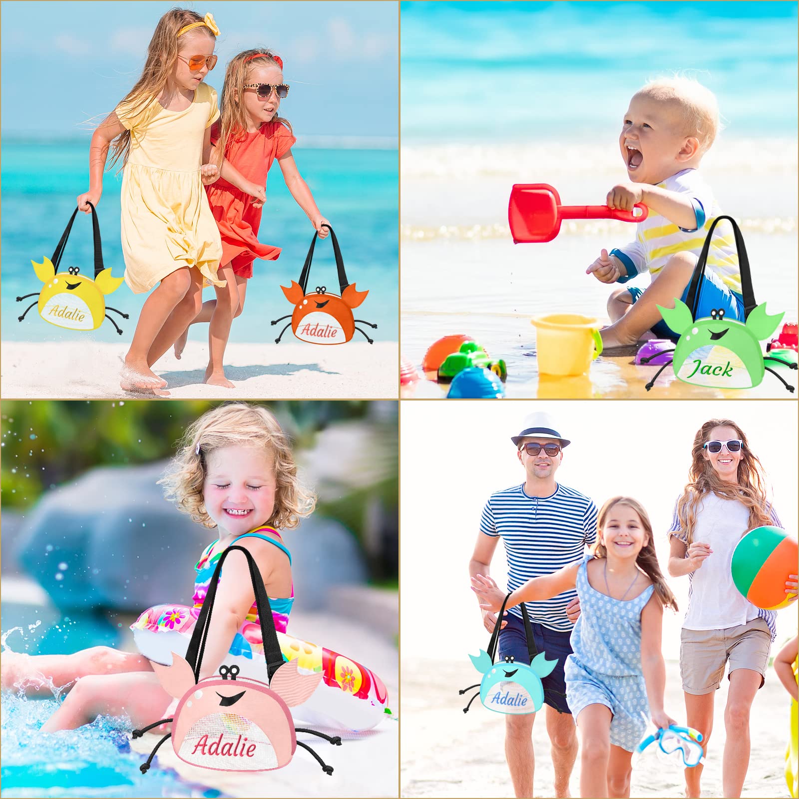 Amidaky Personalized kids Shell Bags for Beach Mesh Beach Bag 1 Pack with Zipper Colorful Mesh Crab Bag Yellow, Pink, Green, Blue
