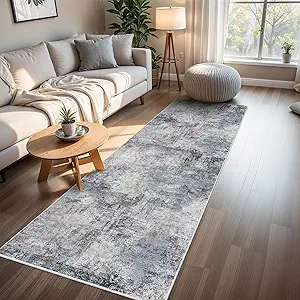RUUGME Washable Abstract 3x8 Runner Rug: Living Room Entryway Runner Rug Indoor Non Slip Rubber Backing Vintage Large Soft Home Decor Mats for Bedroom Distressed Ultra Thin Low Pile Carpets 3x8 Blue