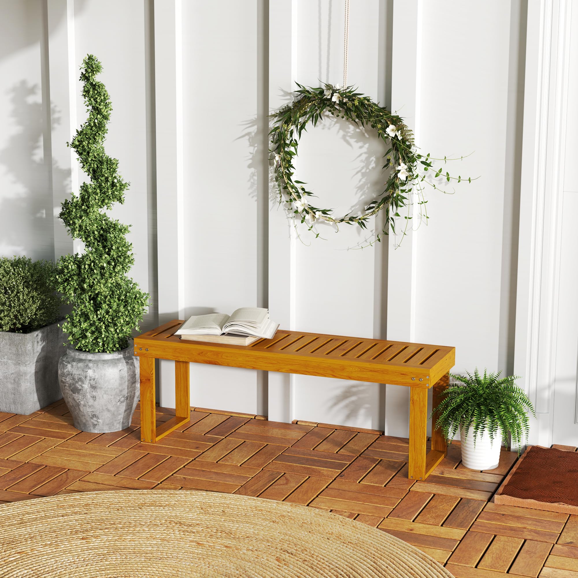 Outsunny Panca da giardino a 2 posti Panca in legno a doghe 300 kg Panca da giardino Terrazza 120x34x43 cm Teak