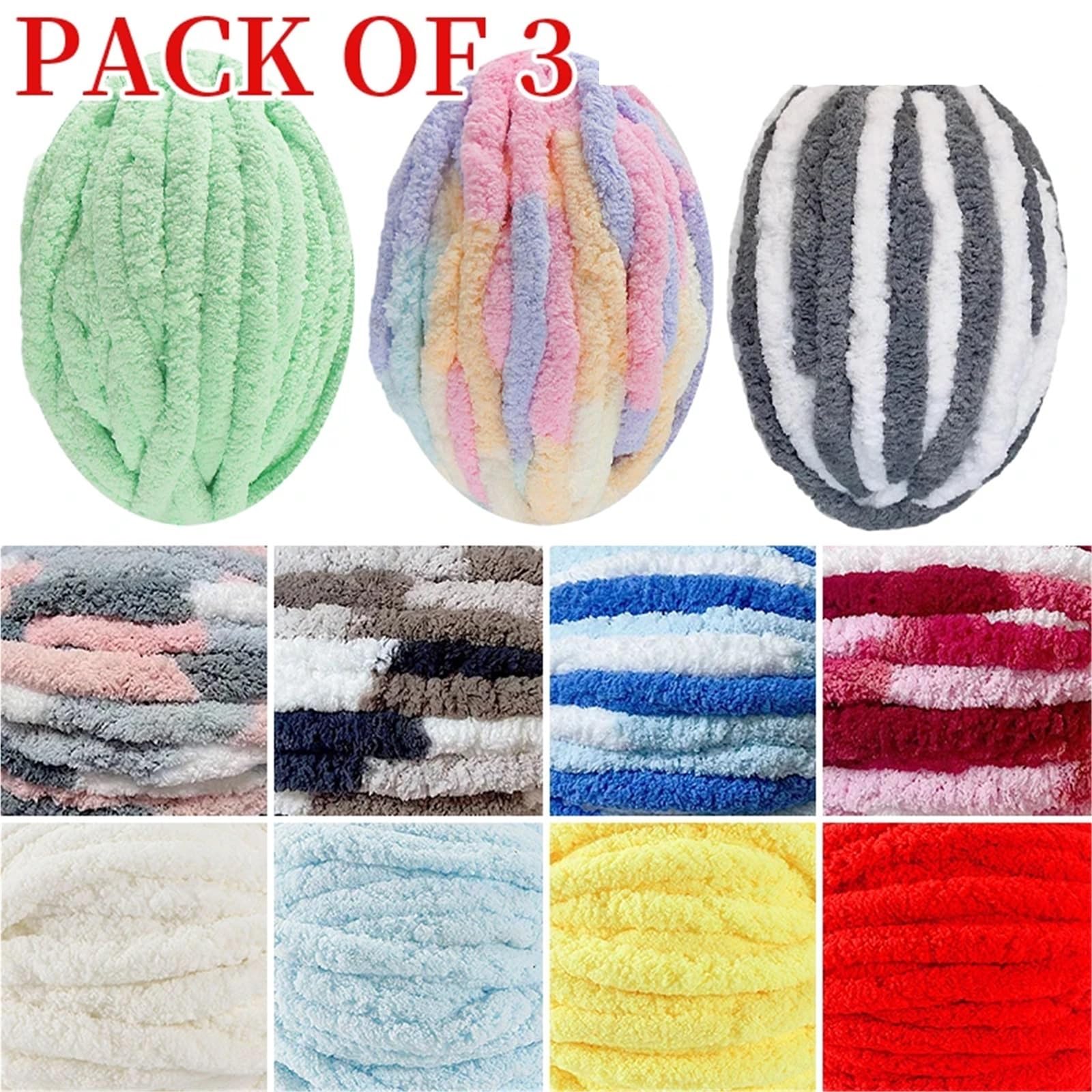 Lana Gruesa Para Crochet Set de 3 piezas de hilo grueso de chenilla como el terciopelo, ideal for tejer gorros, muñecas, guantes y mantas a bajo precio.(10 Black)
