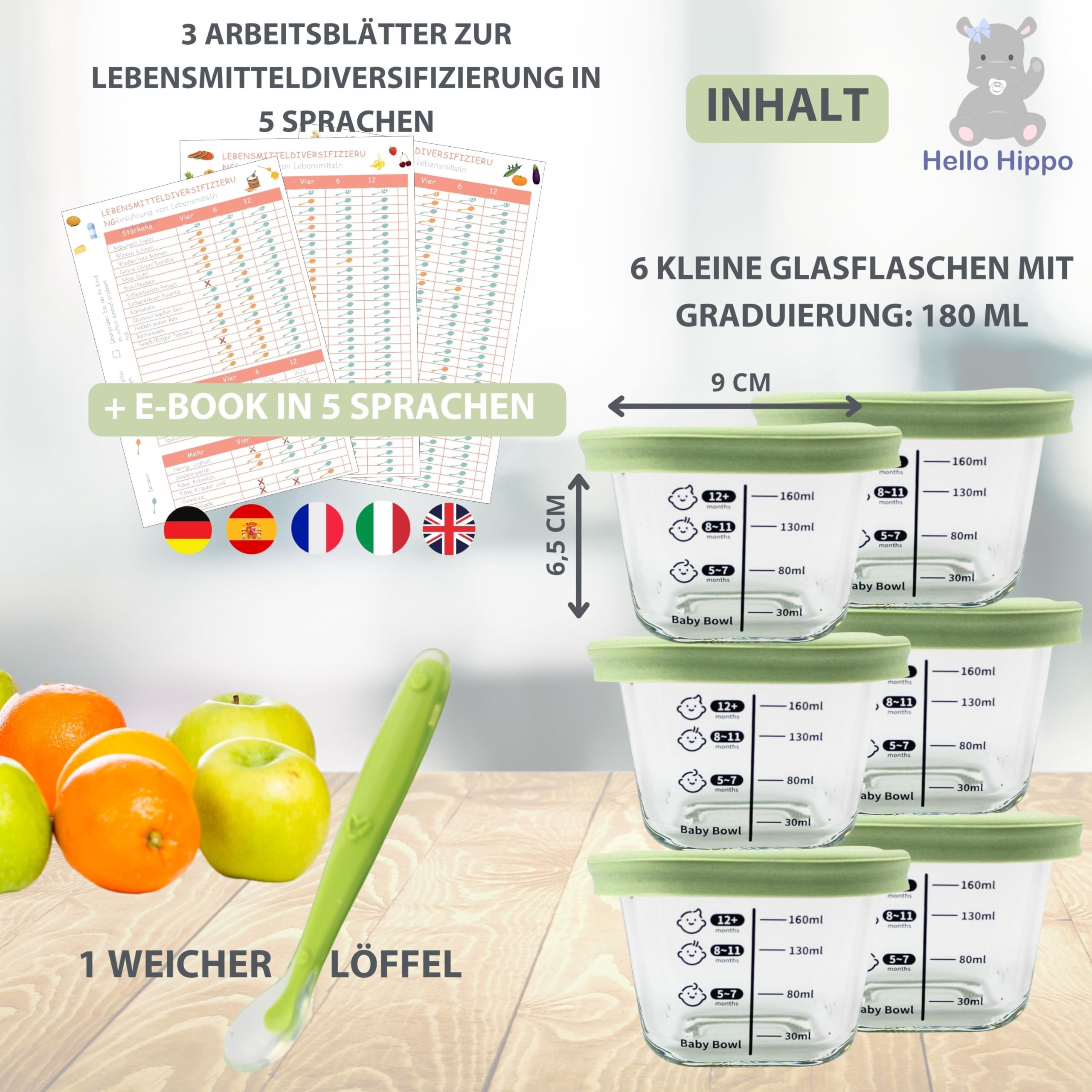 HELLO HIPPO® Set mit 6 Babygläsern à 180 ml – Ideal für Kompotte, Pürees und Früchte, luftdicht und praktisch mit Messskala, inklusive Löffel – Perfekt für Babynahrung
