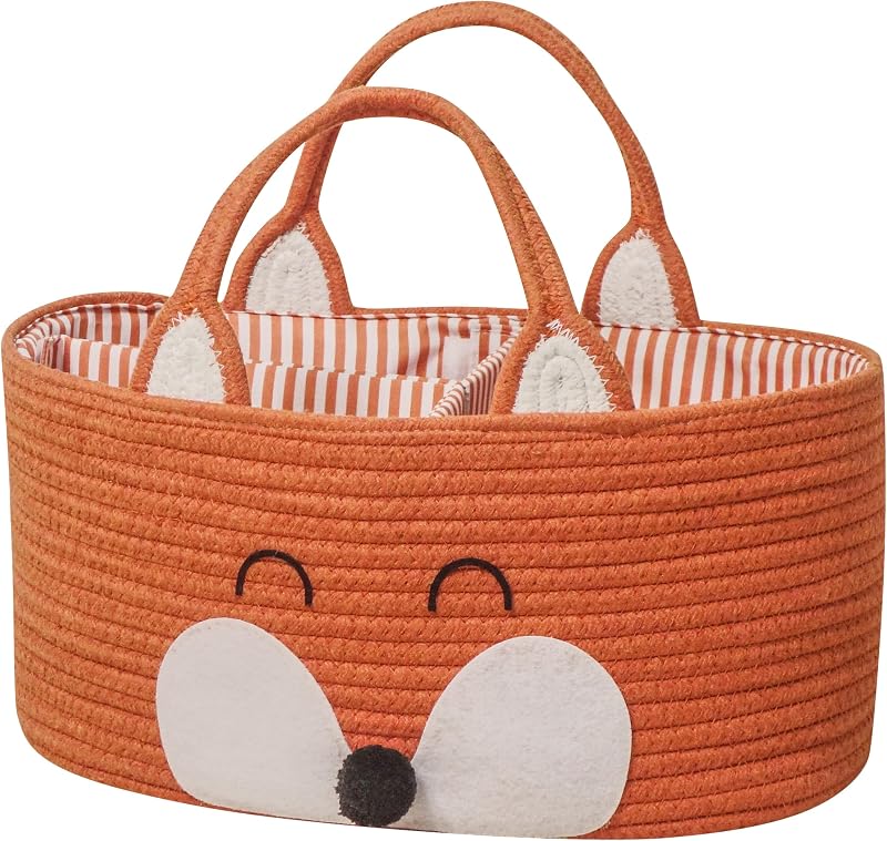 T&T Homewares Diaper Caddy Organizer, Cotton Rope Diaper Caddy Basket, Baby Shower Basket, Nursery Storage Bins, Newborn Caddie- Cat, Fox, Penguin (Orange Fox)