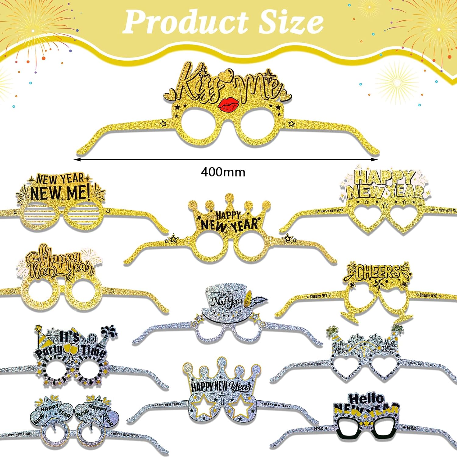 HOWAF New Year Eve Party Supplies 2026, 36pcs Glitter Happy New Years Headband Laser Gold Silver Paper Eyeglasses Noise Makers Gold New Years Decorations for 2026 NYE Party Favor Accessories - Image 2