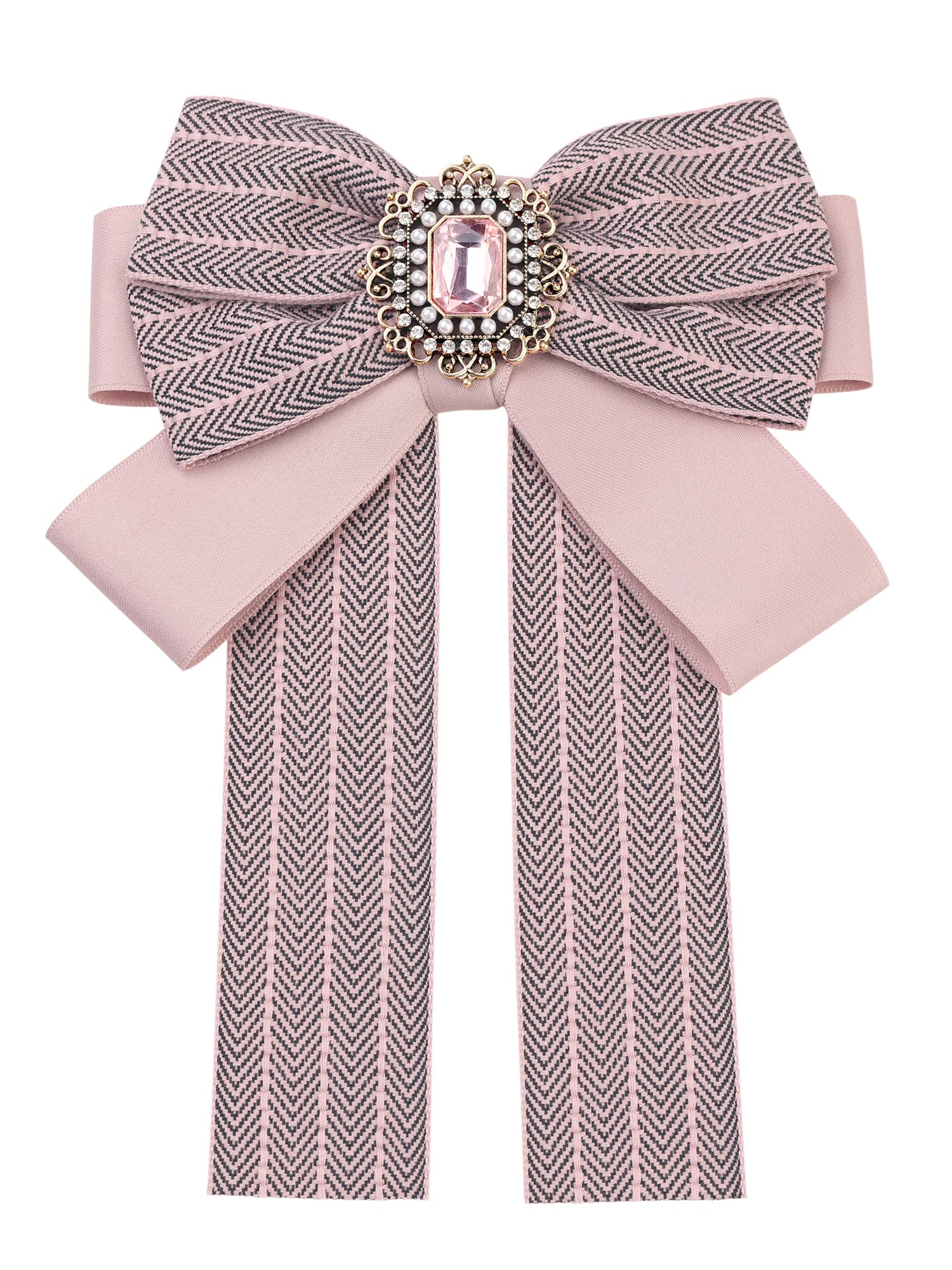 Elerevyo Women's Pink Bow Ties Striped Pre-Tied Long Tail Ribbon Brooch Pin For Fashion One Size