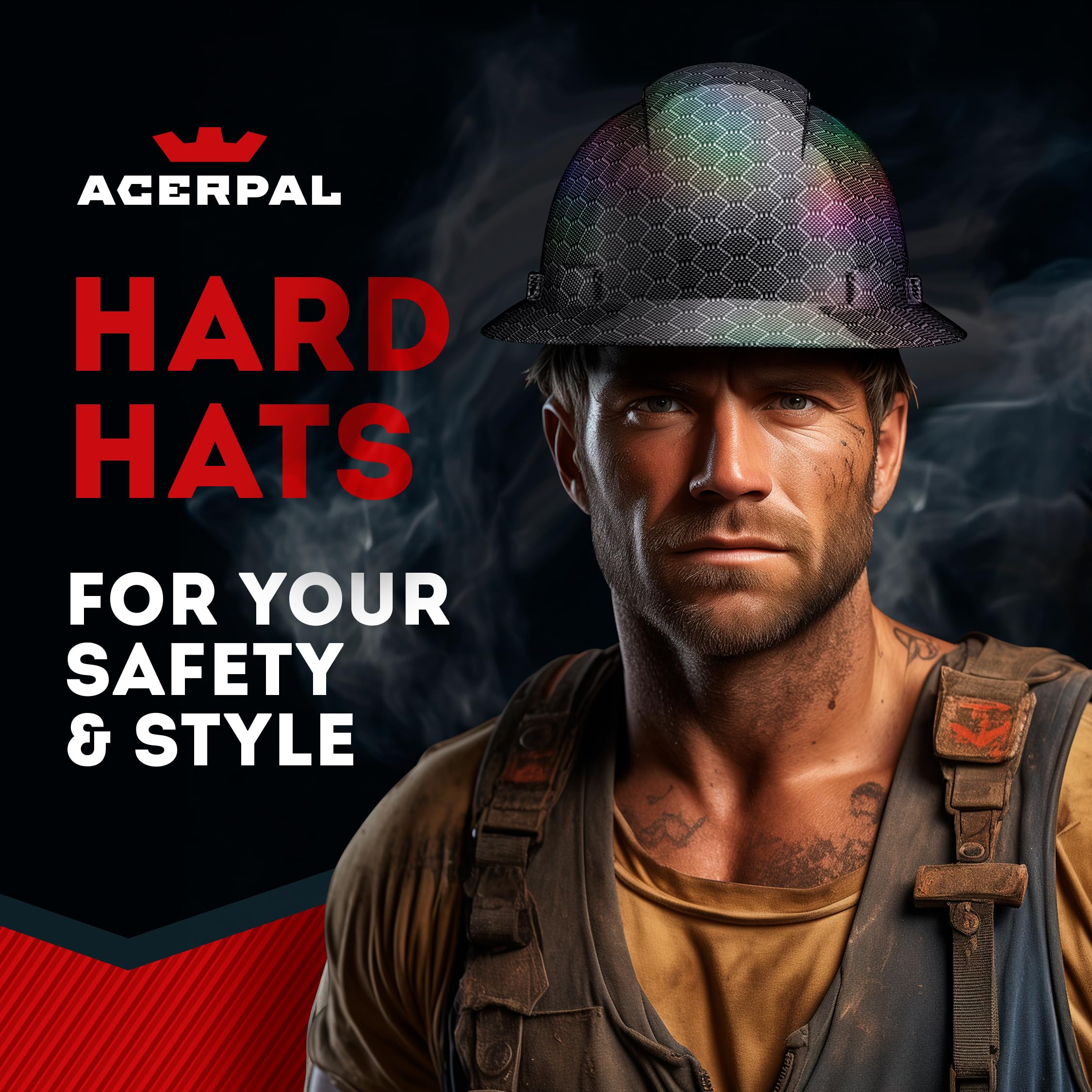 Acerpal Full Brim Vented Laser Honeycomb Carbon Fiber Design Gloss Finish OSHA Hard Hat with 6-Point Suspension