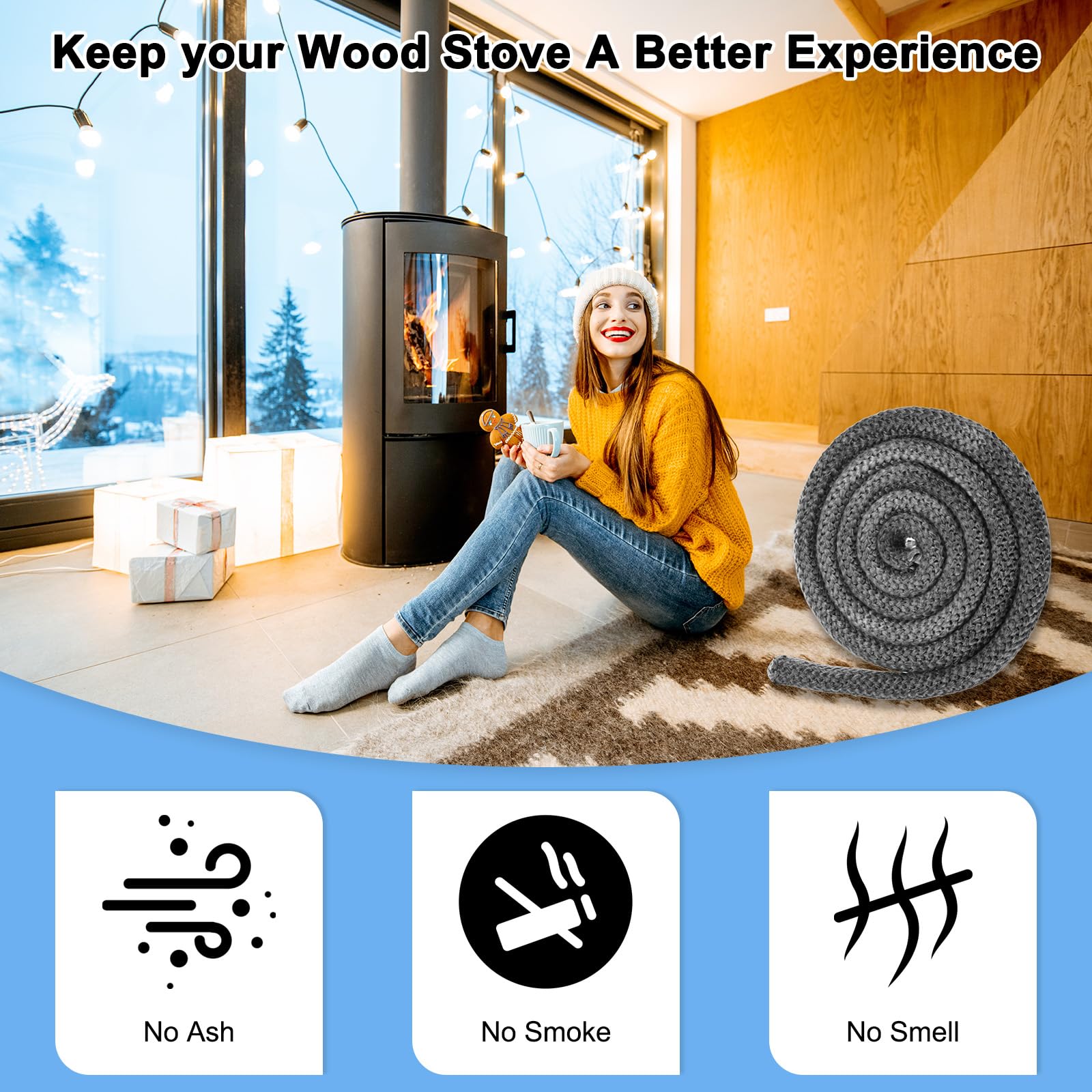 M METERXITY Wood Stove Gasket, 1" x 118.1" Round Fiberglass Seal Rope Gasket Rope Replacement for Fireplace Door/Wood Stoves - Image 3