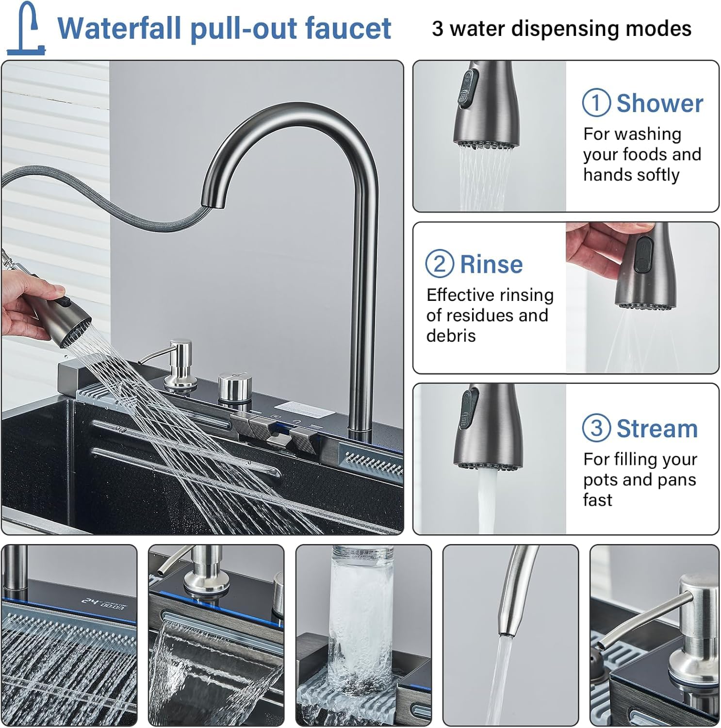 Évier de Cuisine Cascade Multifonctionnel Robinet Extractible Haute Pression Affichage Température ANTI-ÉCLABOUSSURES Éviers de Cuisine en Acier Inoxydable(75x46cm)