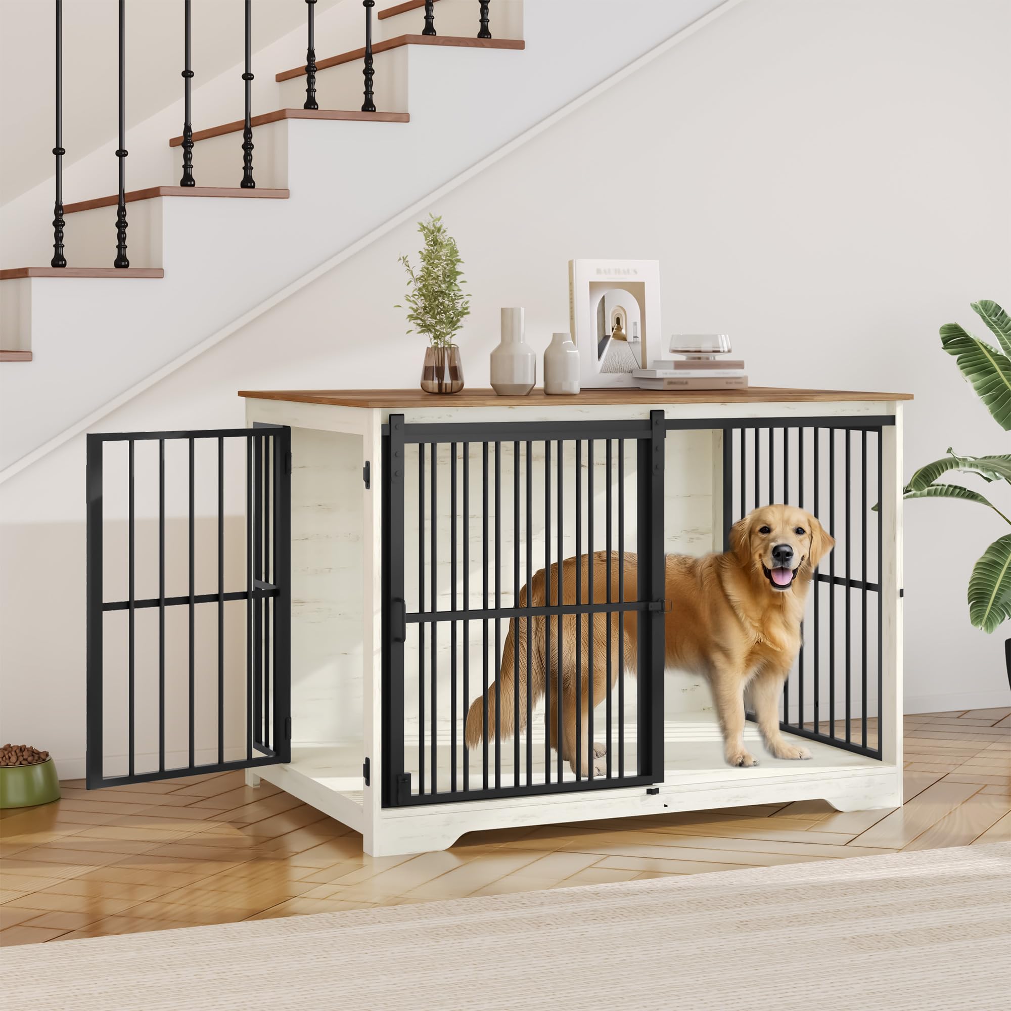 Hzuaneri 110cm Hondenkooimeubel, hondenbox, 2 deuren, moderne hondenkooi voor binnen voor kleine/middelgrote/grote honden, bijzettafel, versterkte schuifdeur, 110 × 65 × 81 cm, Zwart