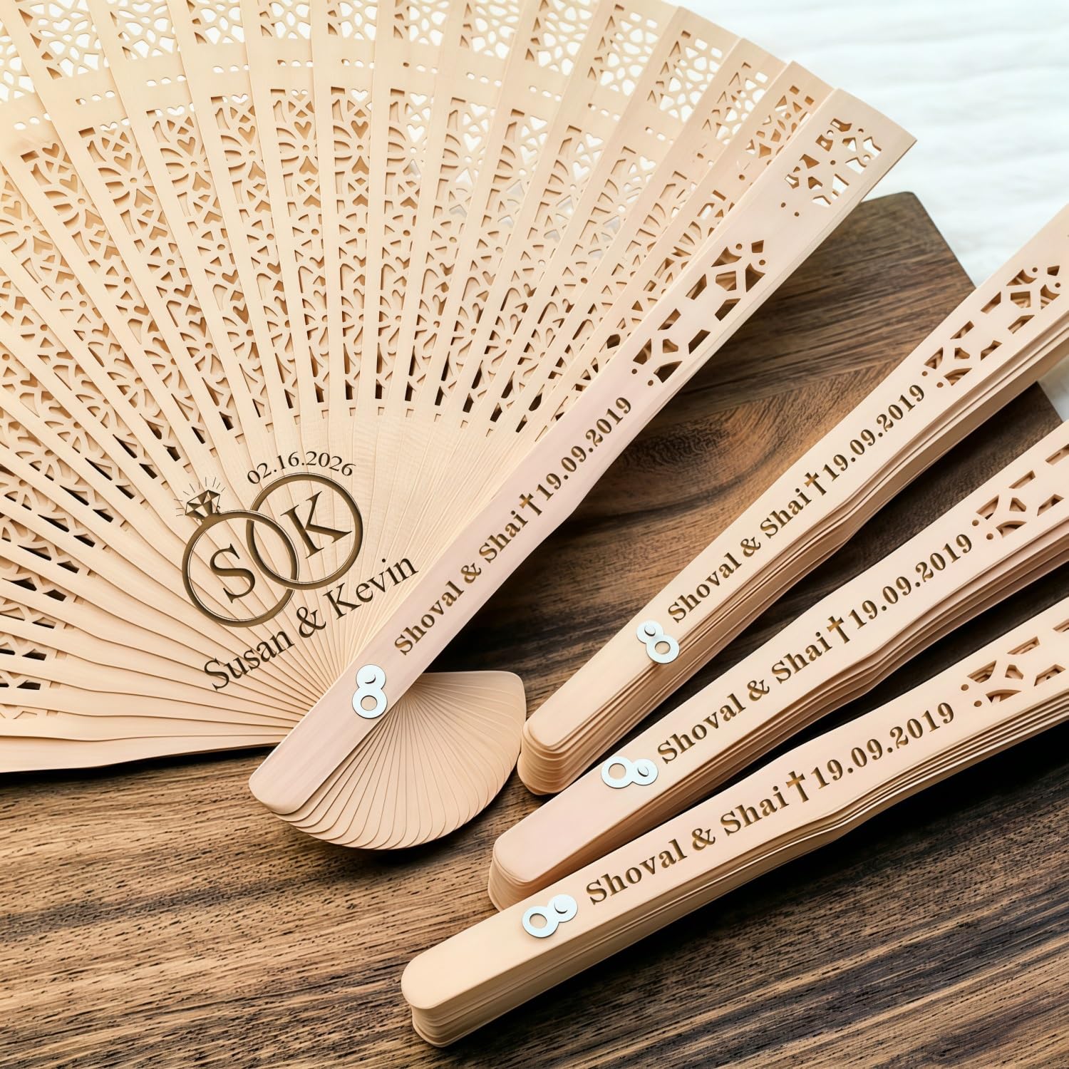 BFBZYME 10-100PCS Custom Wedding Hand Fans Bulk, Personalized Engraved Wooden Folding Fans with Names & Date, Rustic Summer Reception Party Favors(60PCS)