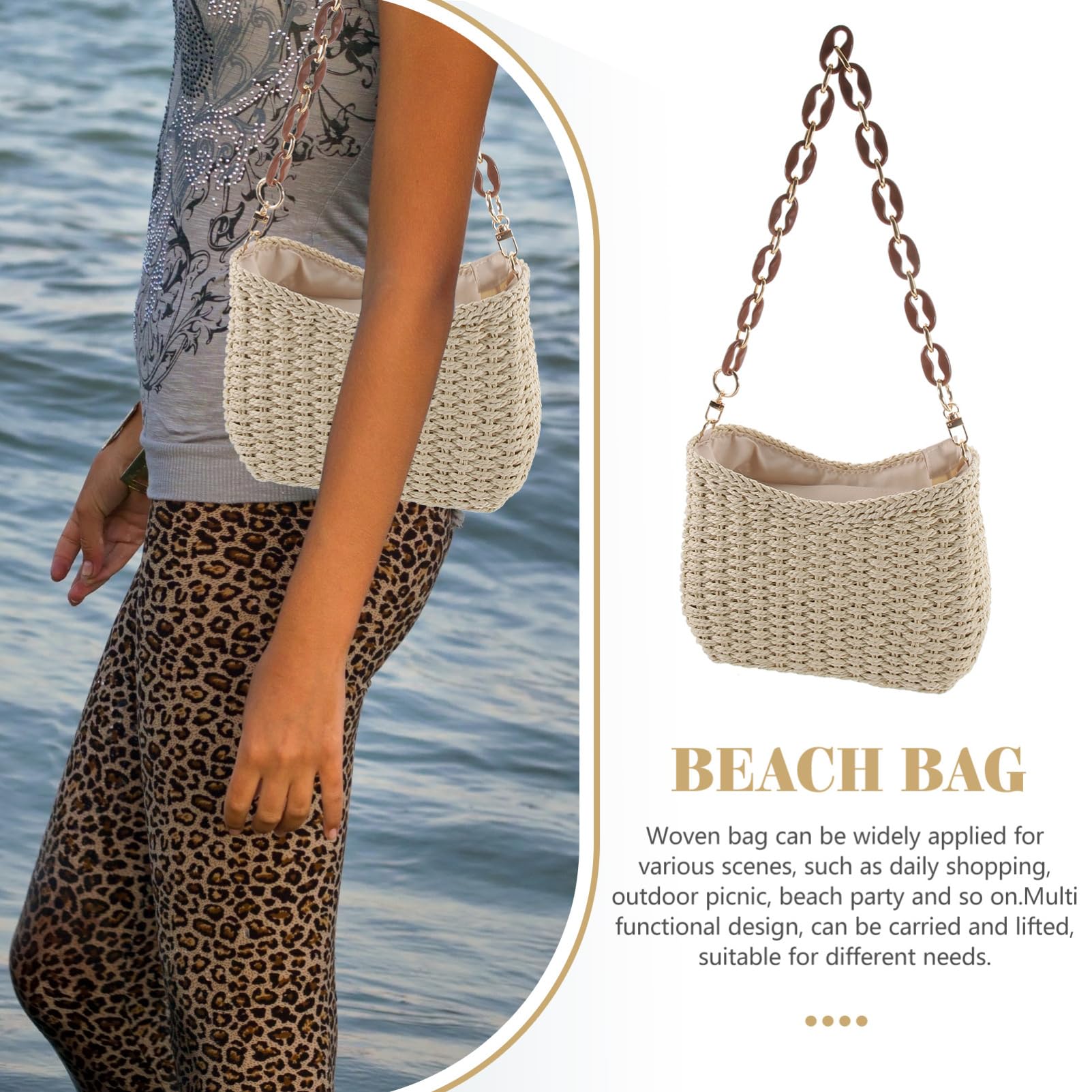 SHERCHPRY Bolso de Paja para Mujer Bolsa de Playa de Verano Bolso Tote de Paja para Playa Portátil para Mujer para Vacaciones