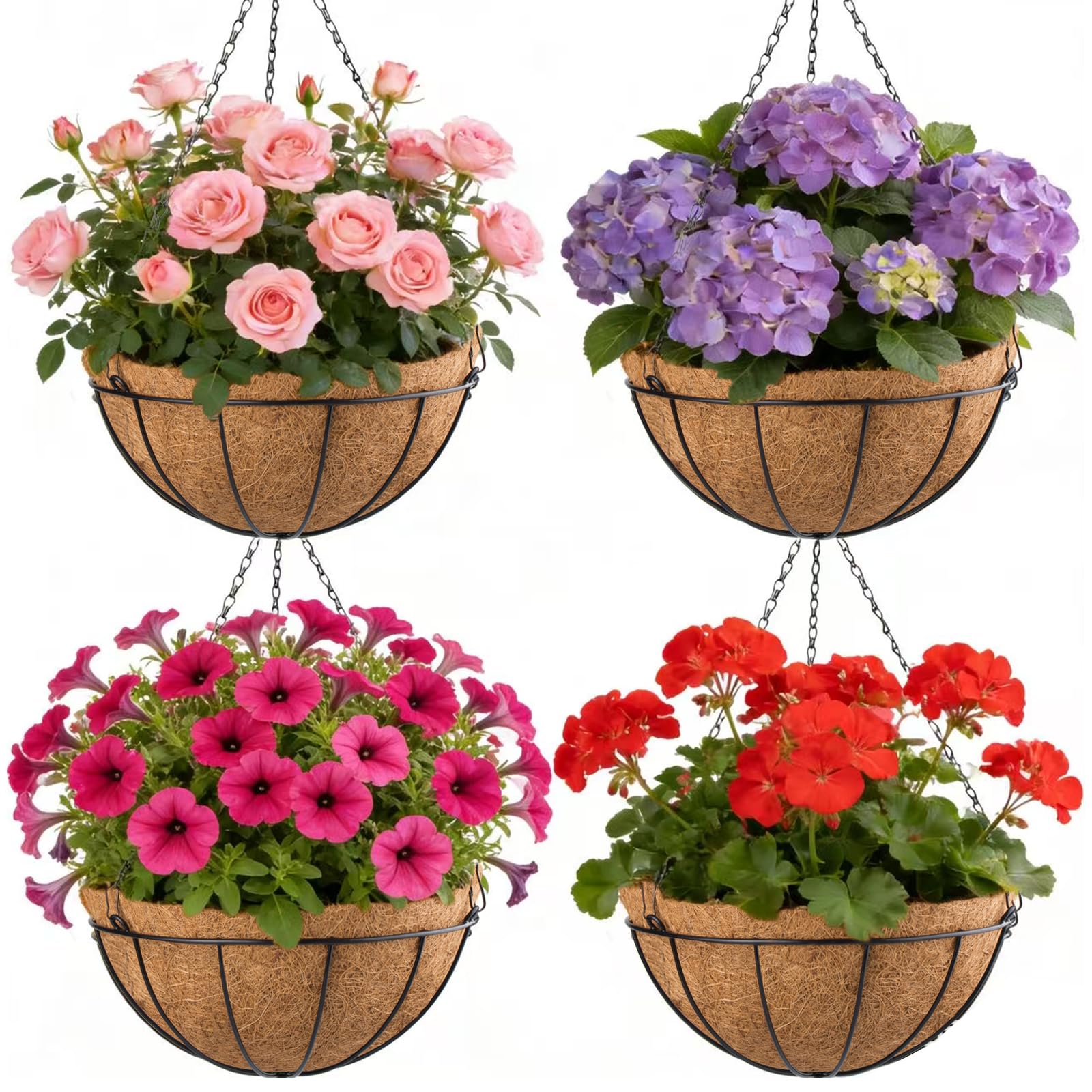 Lot de 4 pots de fleurs ronds à suspendre en métal avec doublure en fibre de coco de 30,5 cm avec chaîne noire de 50,5 cm, pot de fleurs pour intérieur et extérieur, jardin, porche, balcon, terrasse