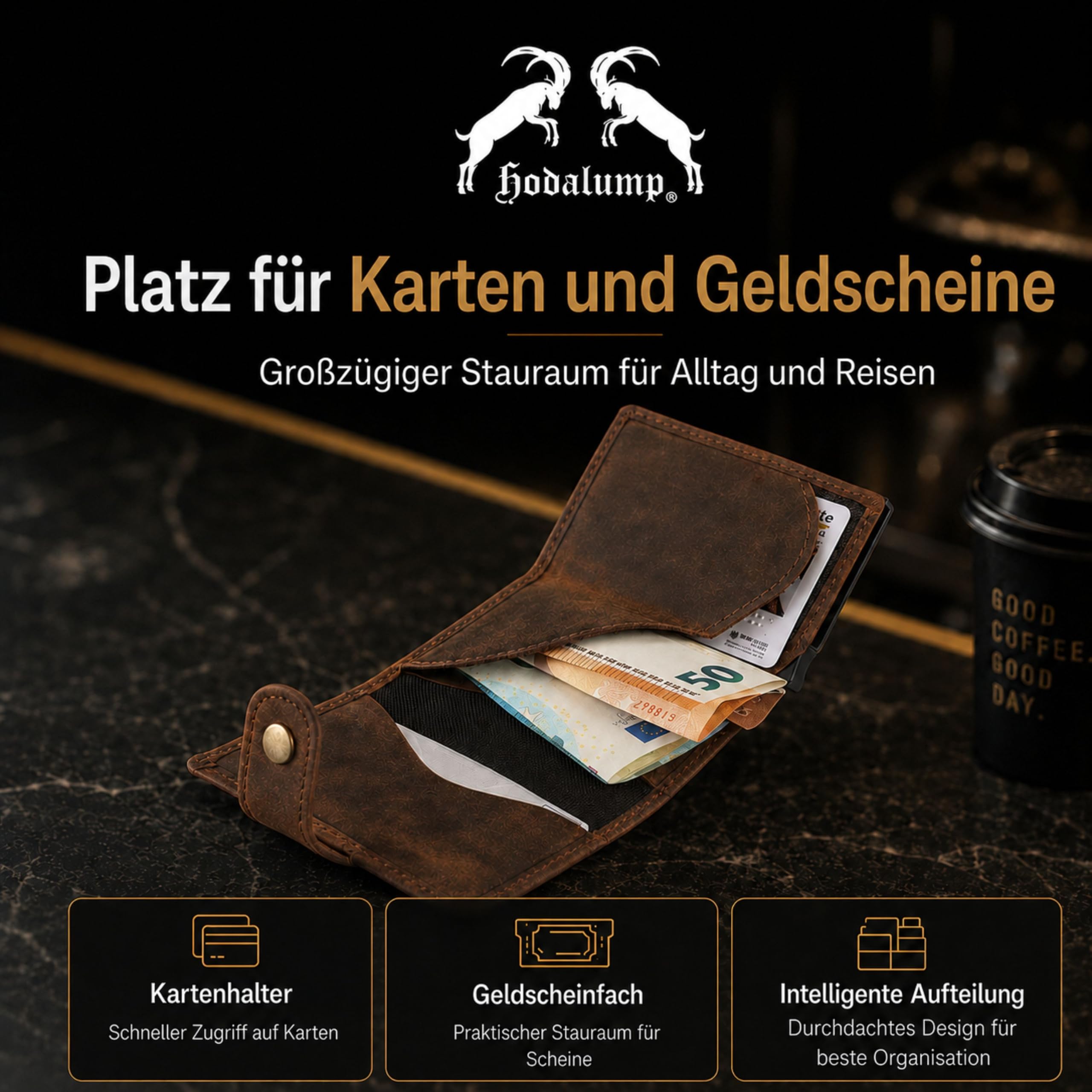 Slim Wallet aus Leder mit Münzfach & RFID Schutz - Mini Geldbörse Herren Kartenetui - Portmonee klein aus Echtleder - Geldbeutel für EC-Karten, Kreditkartenetui für 10 Karten, braun