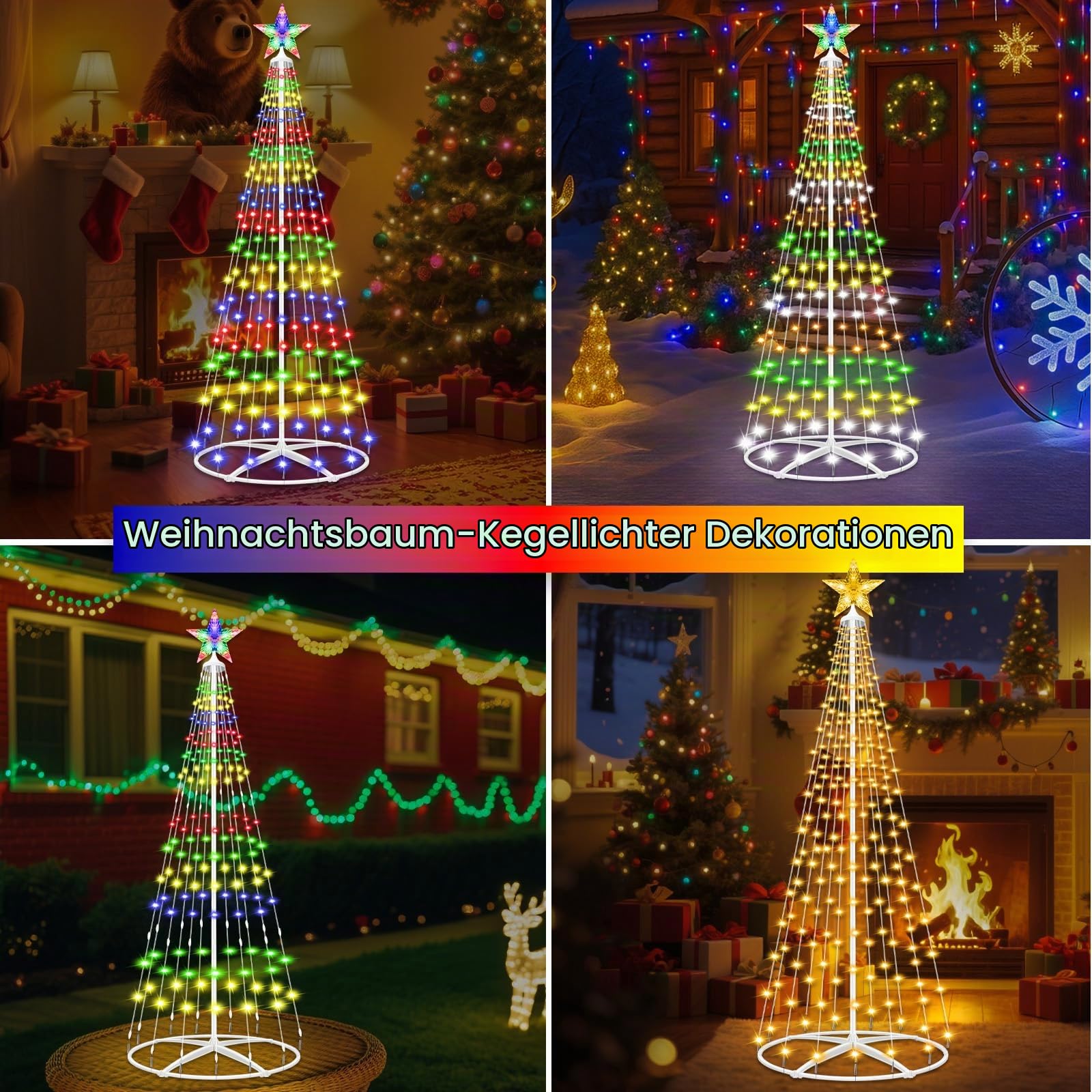 Weihnachtsbaum Metall Groß Kegelform 1.5m 204LED Mehrfarbig&Warmweiß Weihnachtsbaum Außen mit 11 Modi Fernbedienung &Timer, IP65 Wasserdichter Beleuchteter Baum Innen und Outdoor Weihnachtsdekoration