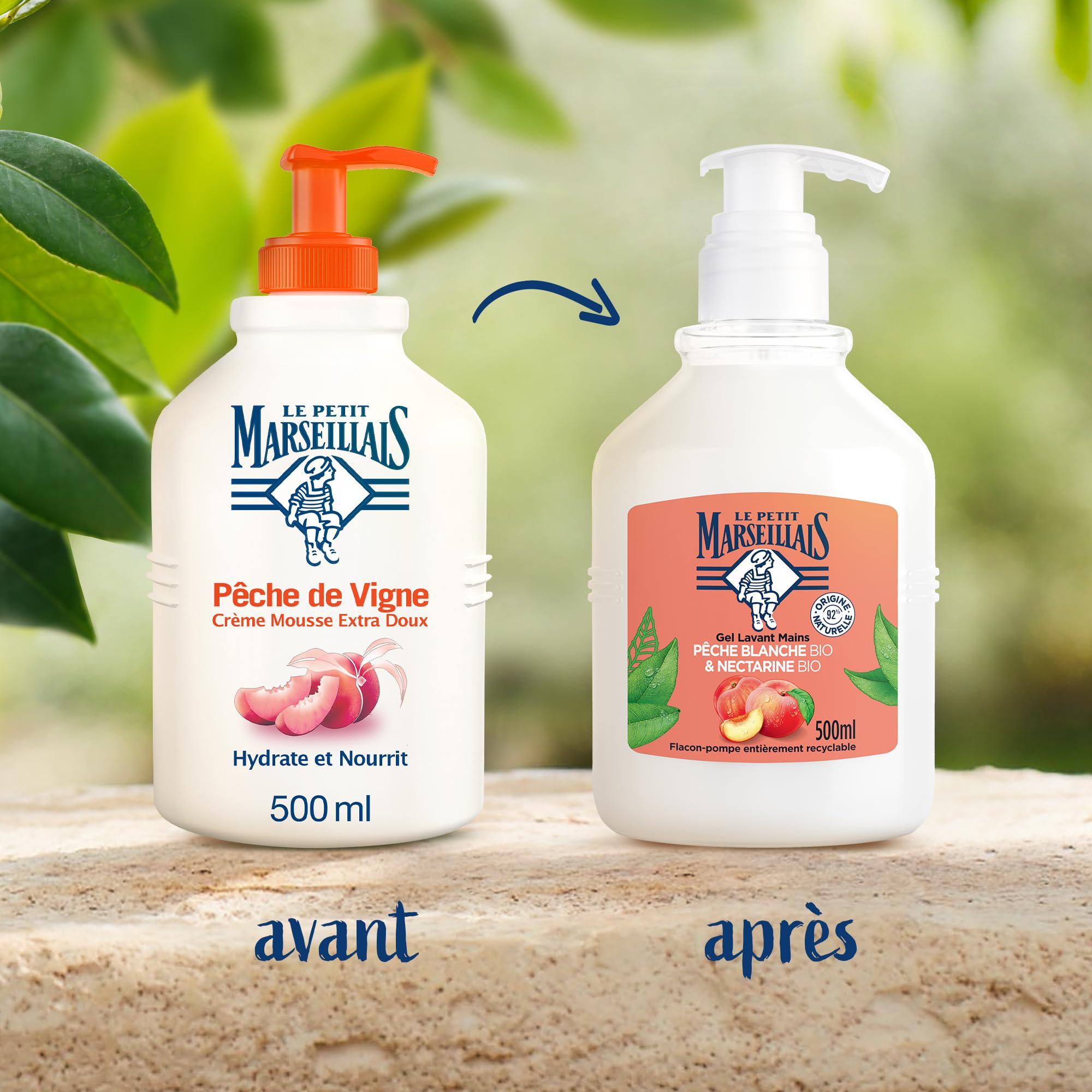 Le Petit Marseillais – Gel Lavant Mains Pêche Blanche BIO & Nectarine BIO (flacon-pompe de 500 ml) – Savon liquide avec 92 % d'ingrédients d'origine naturelle – pH neutre pour la peau