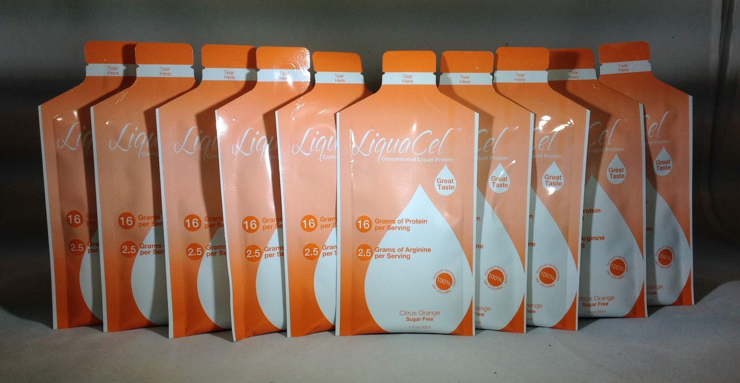 LiquaCel Liquid protein 16grams per 1oz serving- 10 packets- Collagen Whey Arginine (Orange)